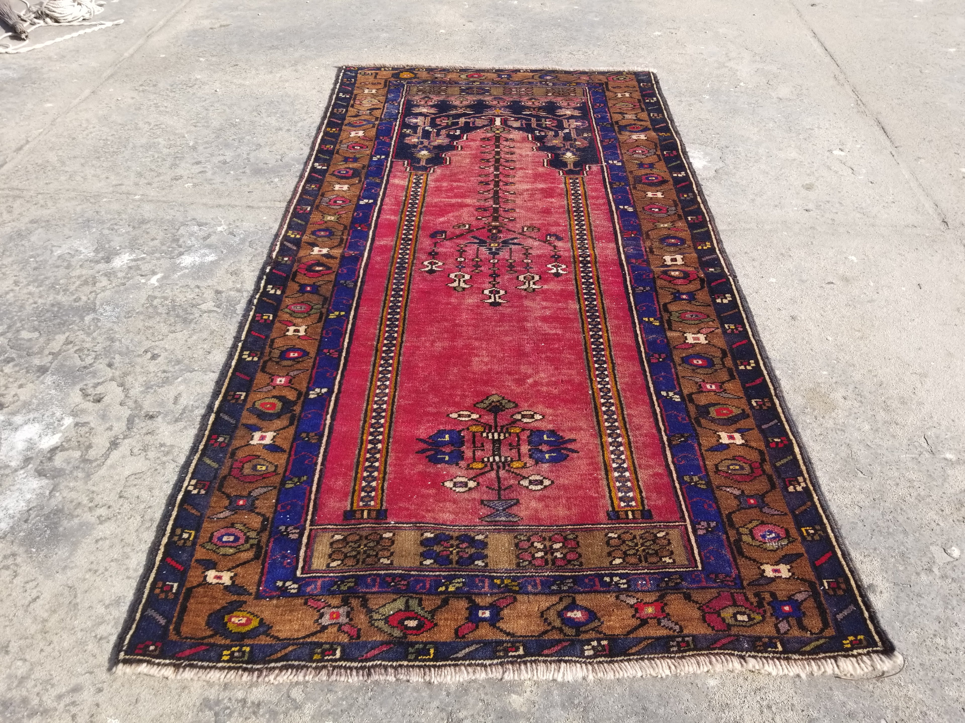 Distressed Vintage Handmade Turkish Anatolian Tribal Wool Prayer Rug 195x104cm