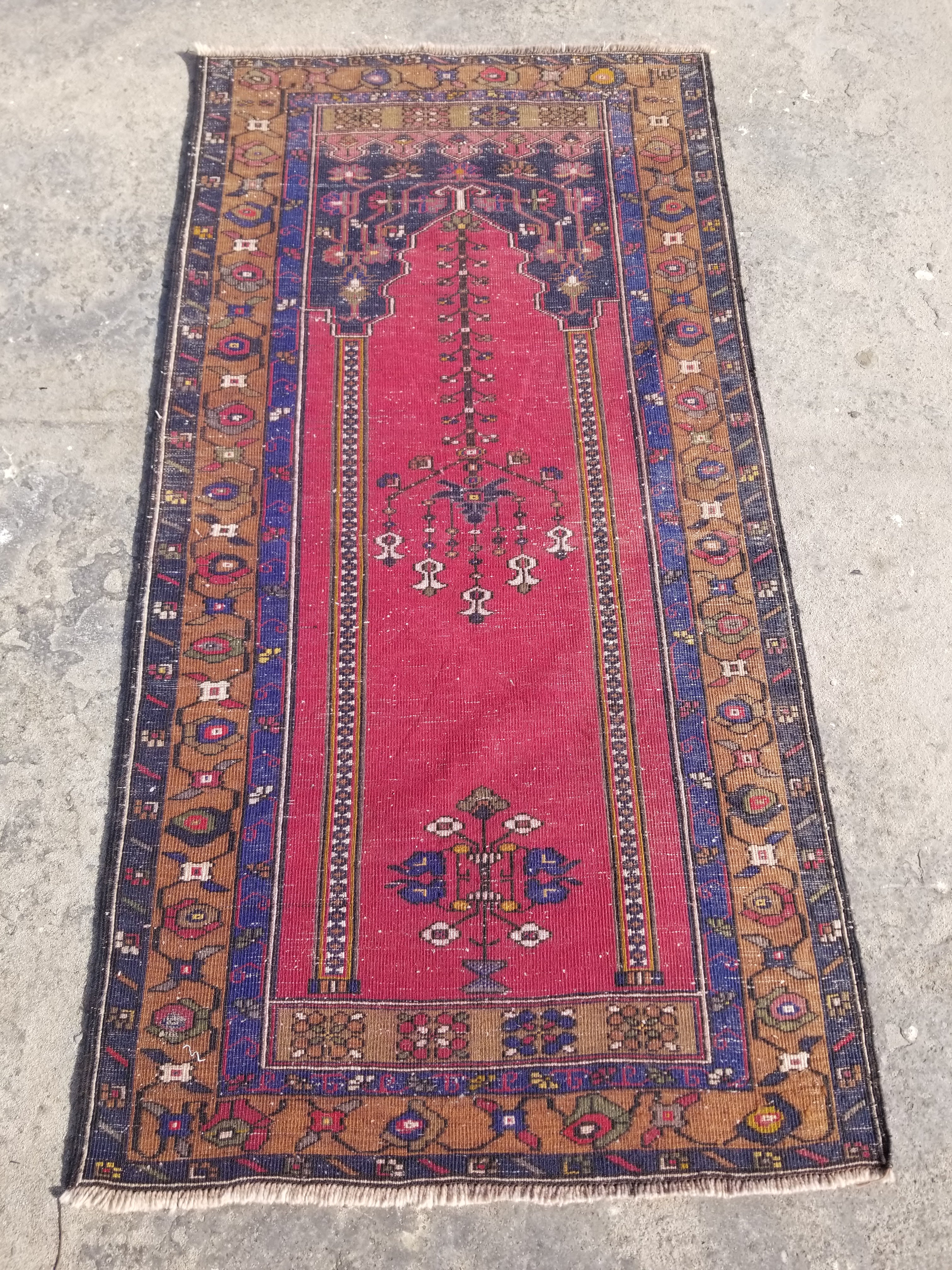 Distressed Vintage Handmade Turkish Anatolian Tribal Wool Prayer Rug 195x104cm