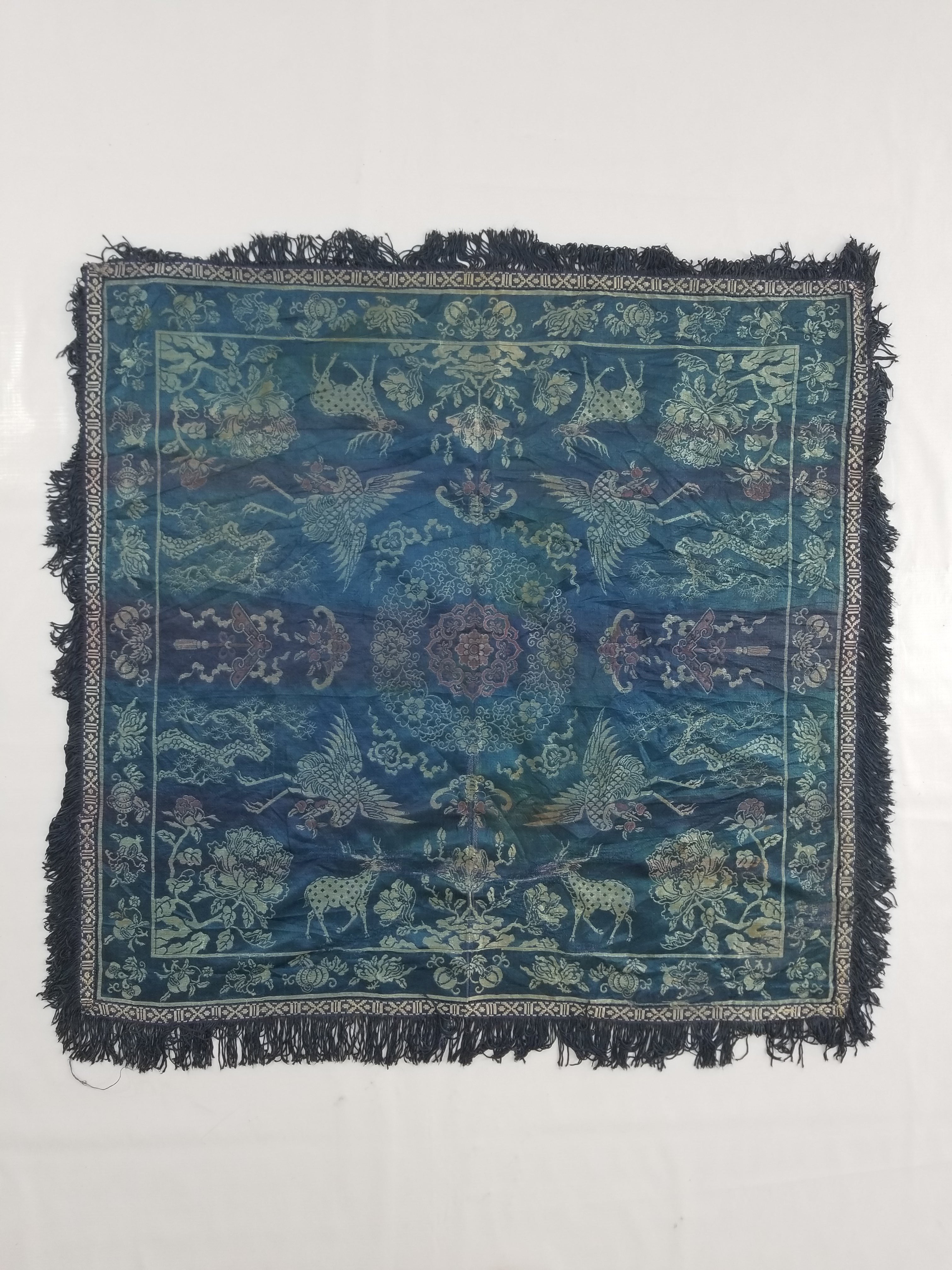 Antique Chinese Silk Brocade Animal and Floral Design Shawl/Scarf 86x83cm
