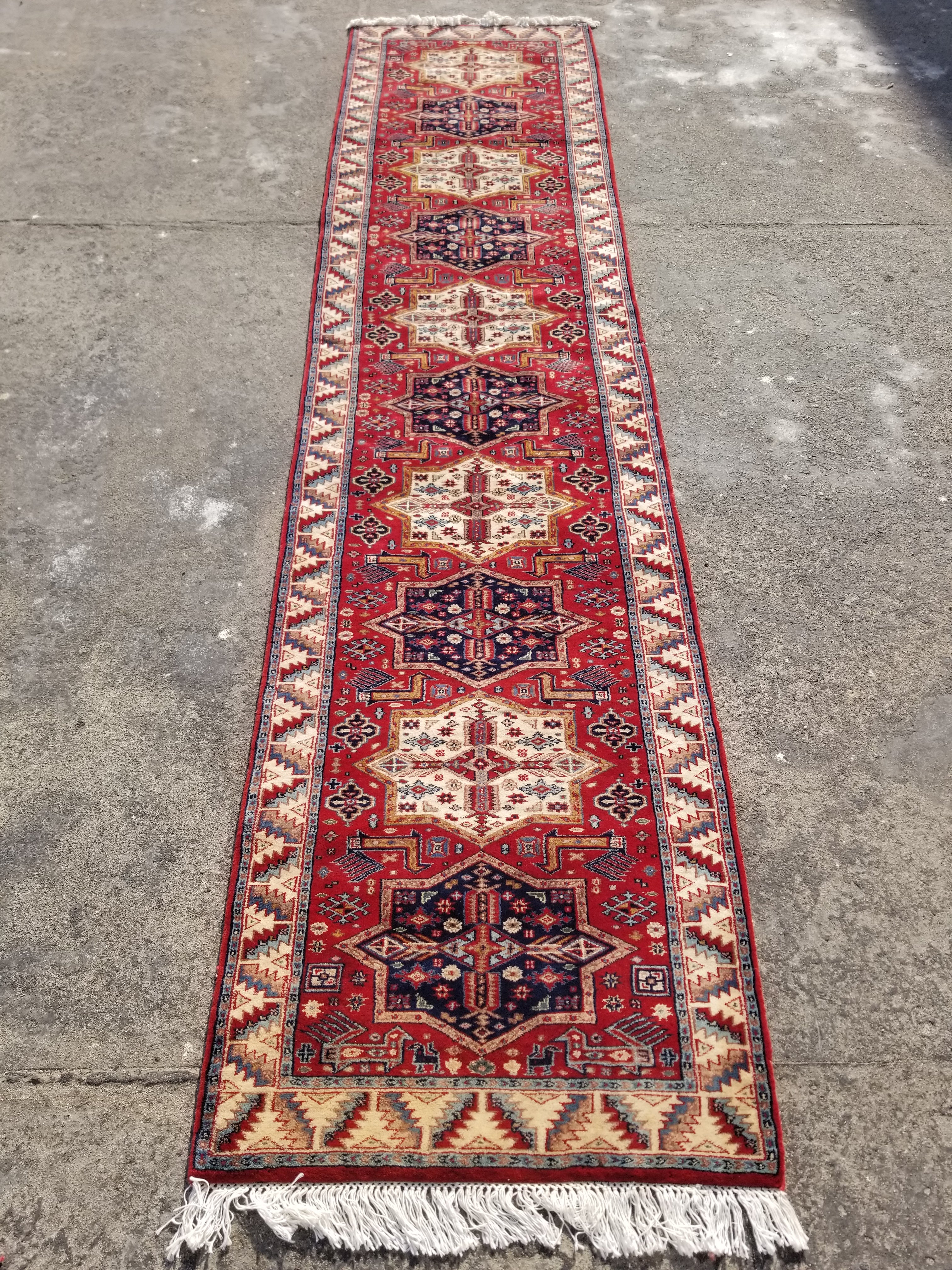 Vintage Traditional Handmade Kazak Style Wool Multicolor Runner Rug 347x81cm