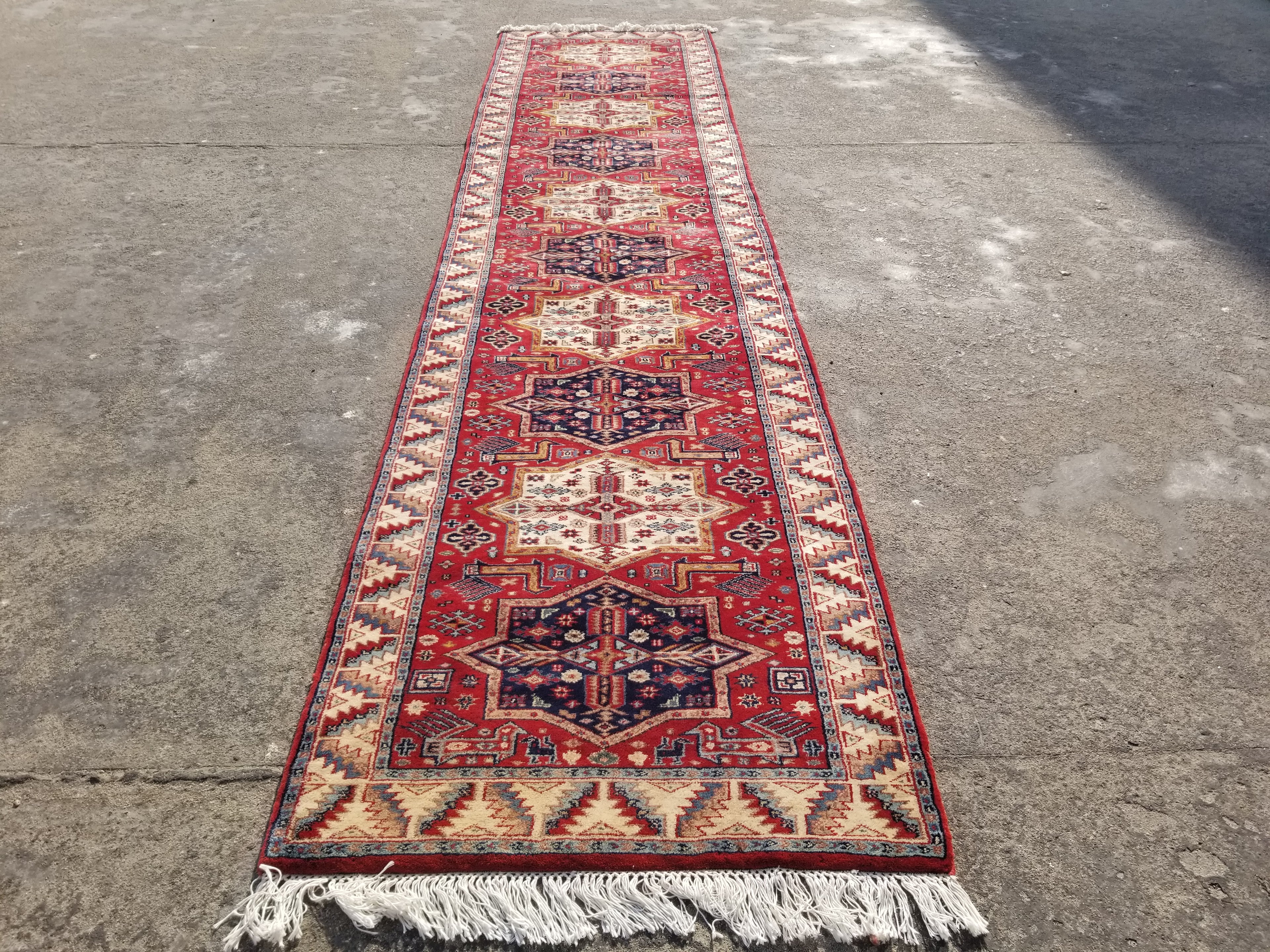 Vintage Traditional Handmade Kazak Style Wool Multicolor Runner Rug 347x81cm