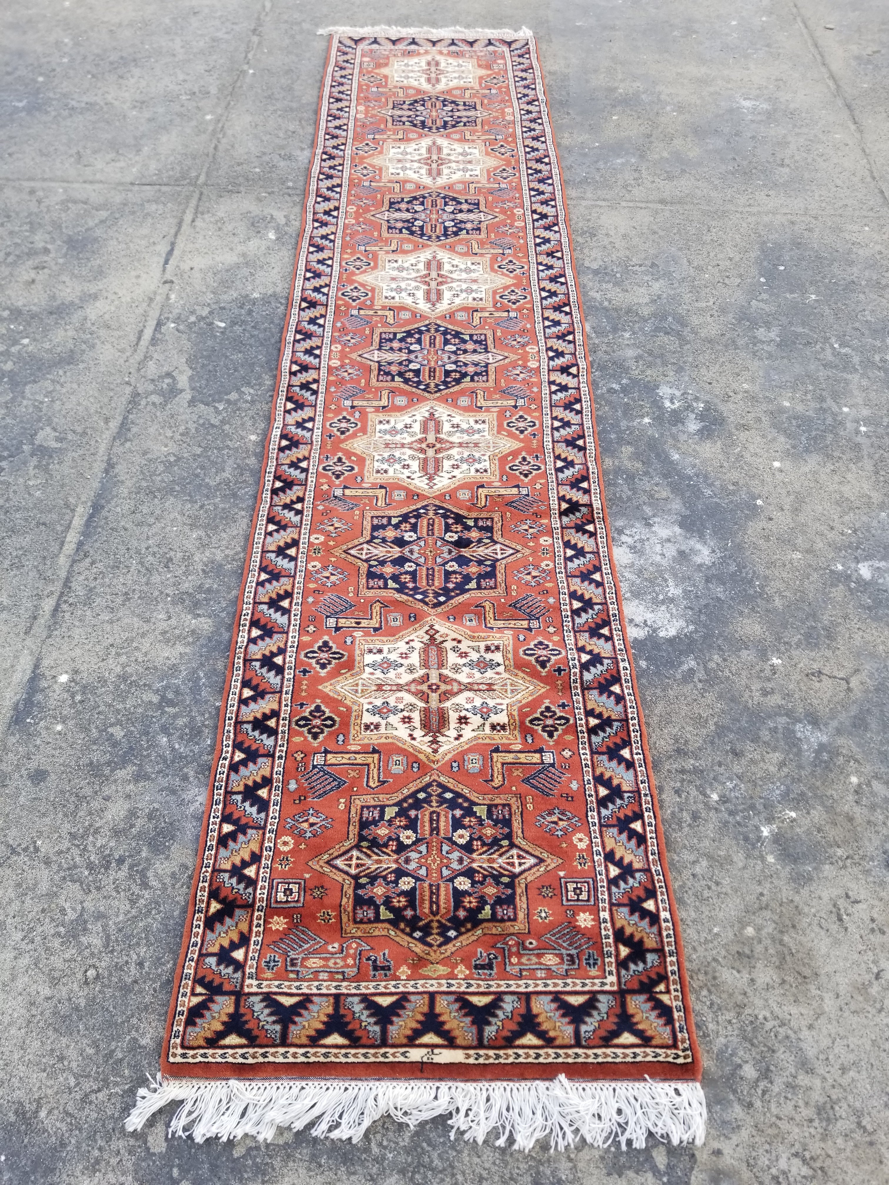 Vintage Traditional Handmade Kazak Style Wool Multicolor Runner Rug 358x78cm