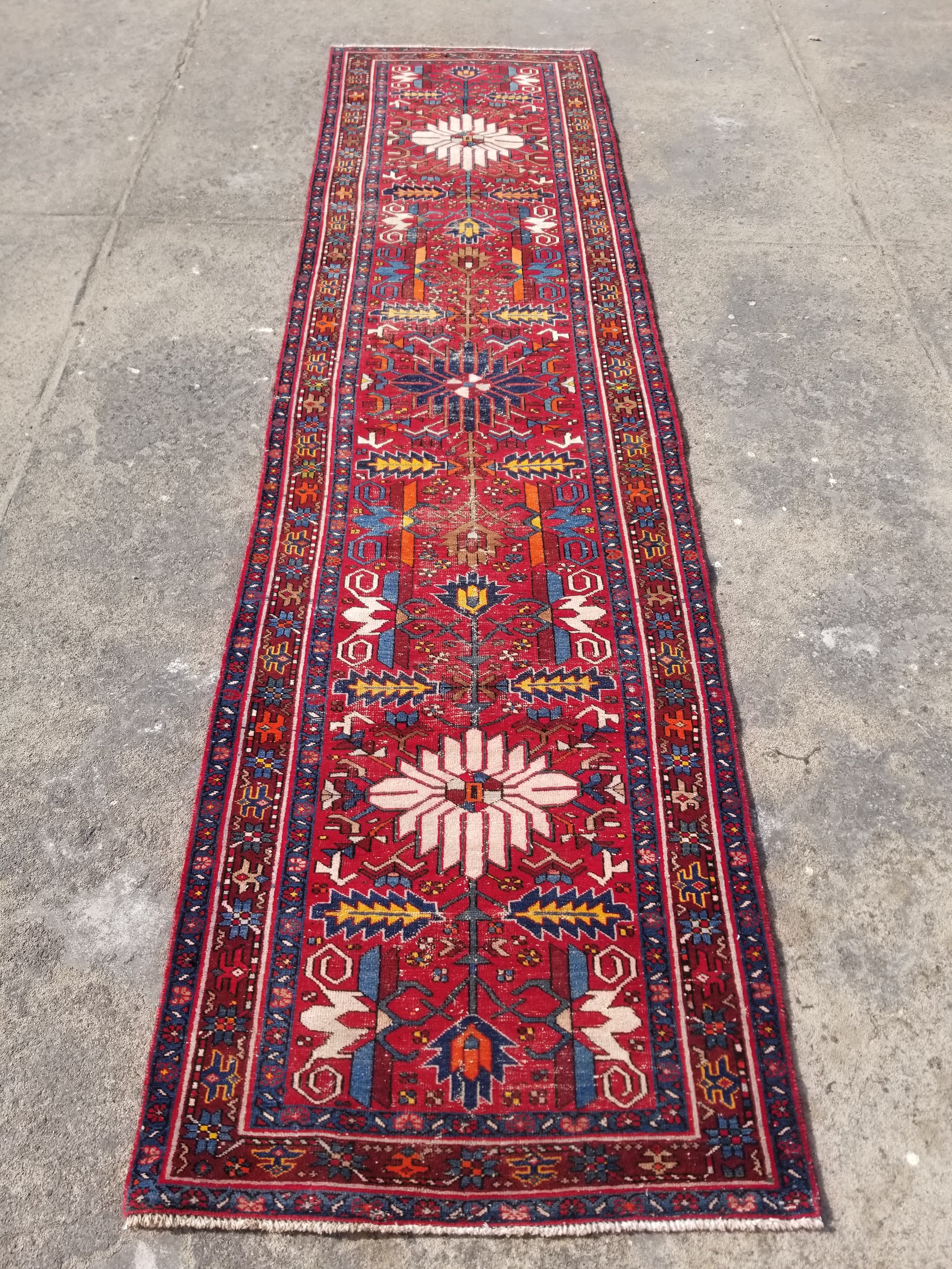 Distressed Vintage Traditional Handmade Karajeh Style Wool Runner Rug 360x91cm