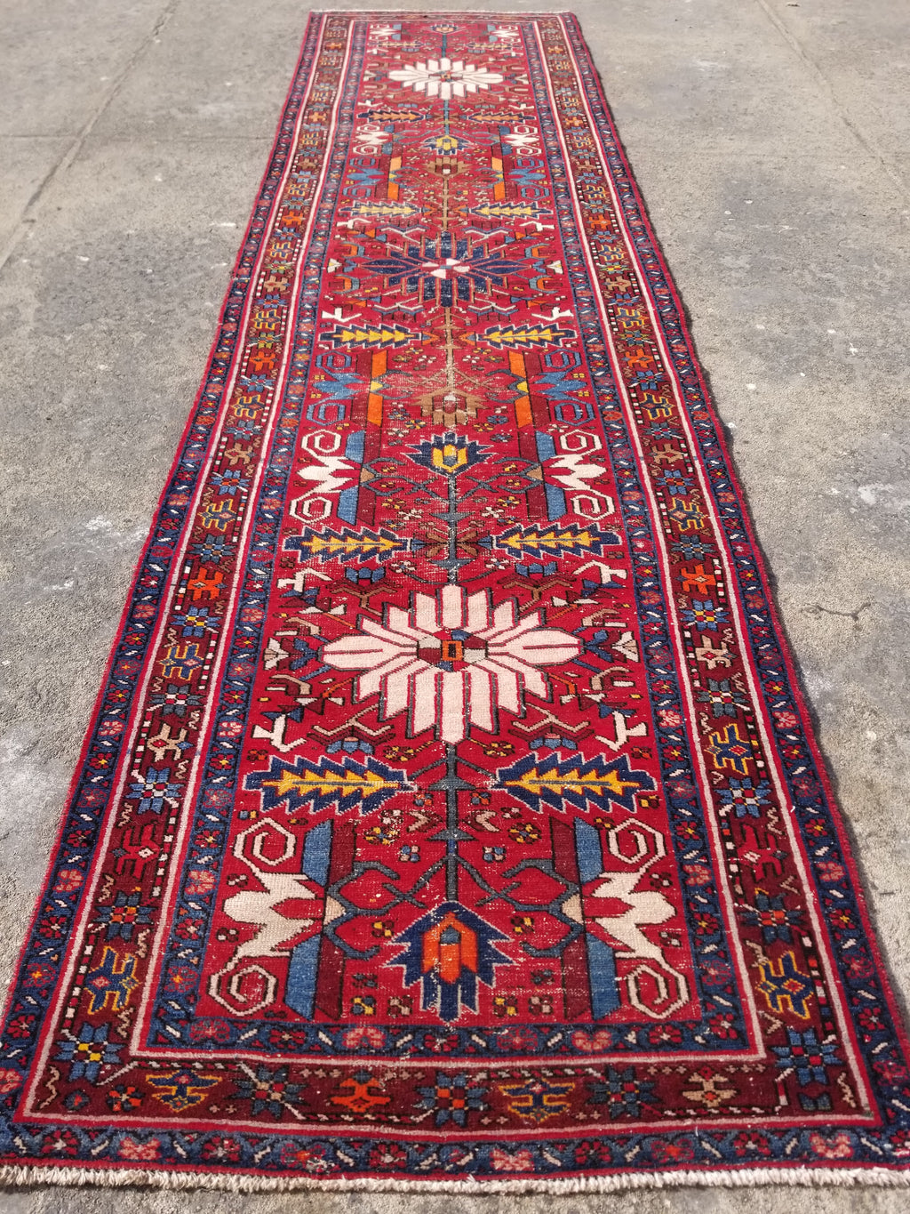 Distressed Vintage Traditional Handmade Karajeh Style Wool Runner Rug 360x91cm