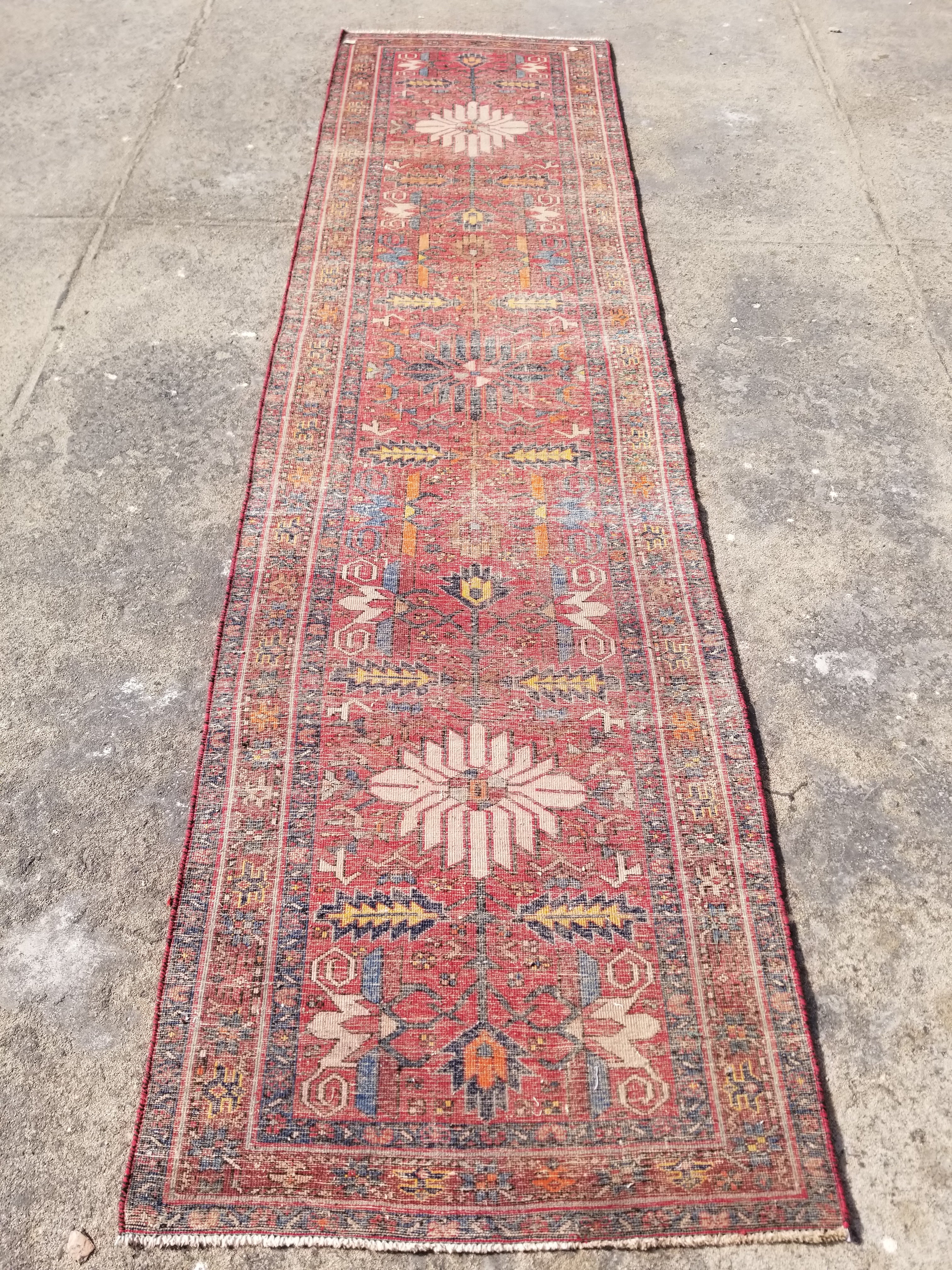 Distressed Vintage Traditional Handmade Karajeh Style Wool Runner Rug 360x91cm