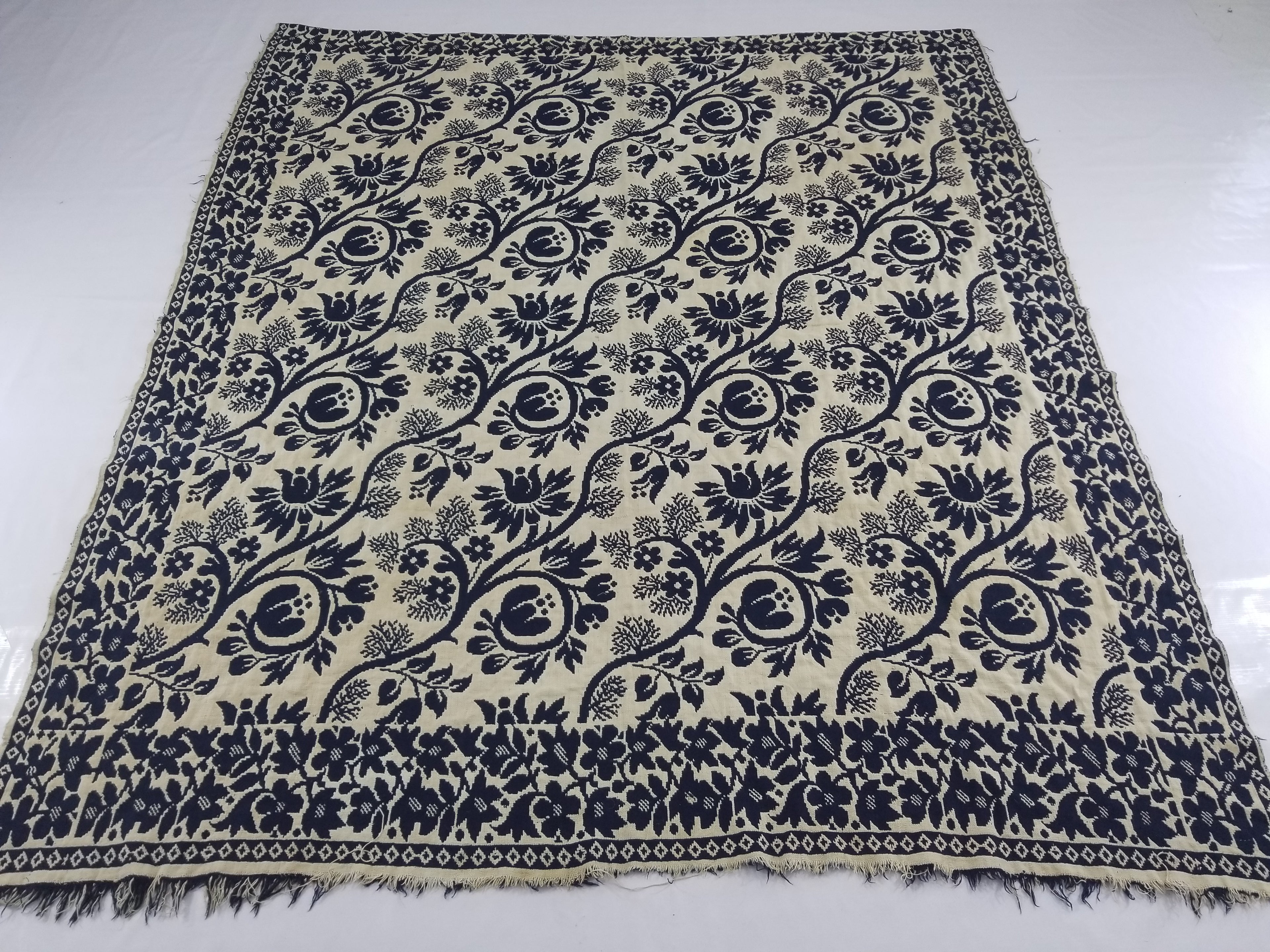 Antique American Reversible Jacquard Loomed Woolen Coverlet 206x183cm