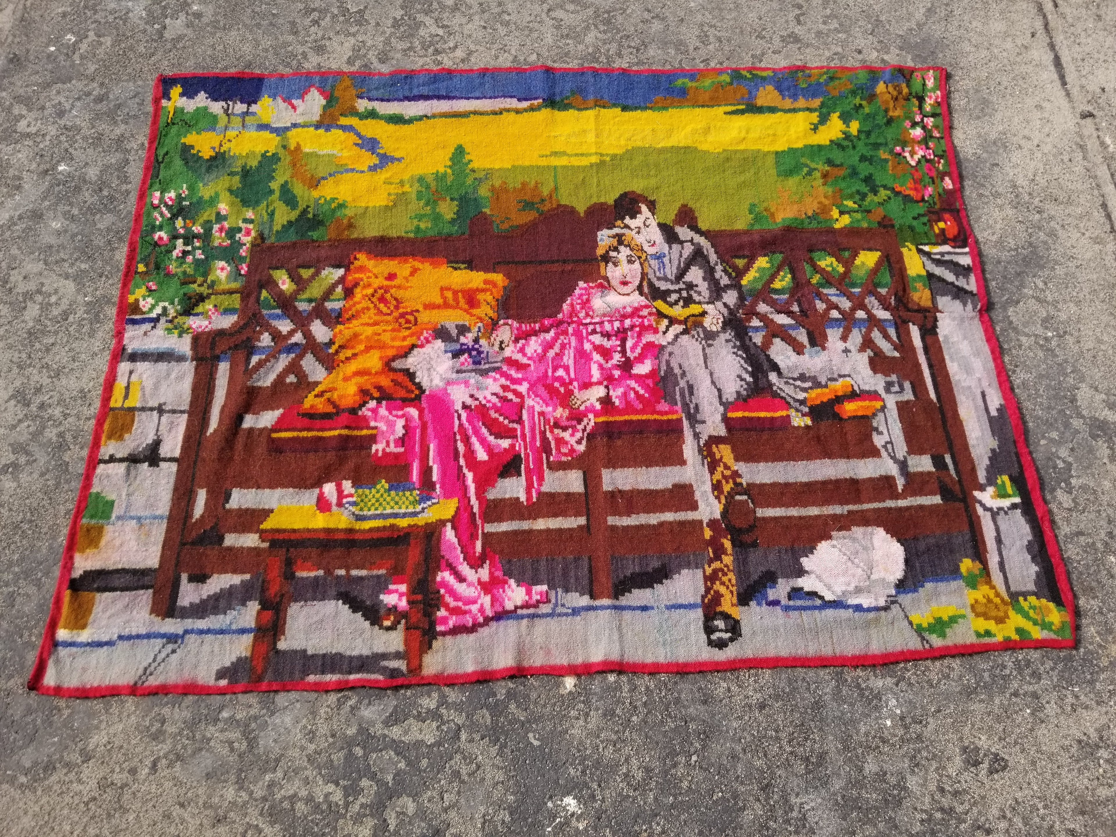 Vintage Traditional Handmade Romantic Scene Wool Multicolor Tapestry 149x119cm