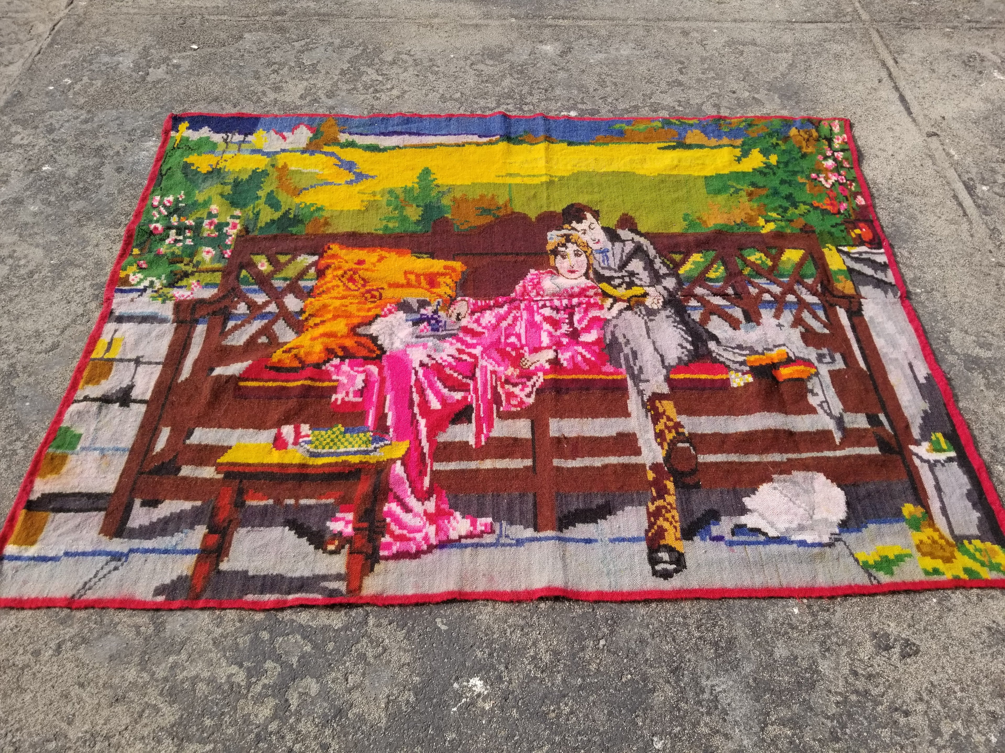 Vintage Traditional Handmade Romantic Scene Wool Multicolor Tapestry 149x119cm