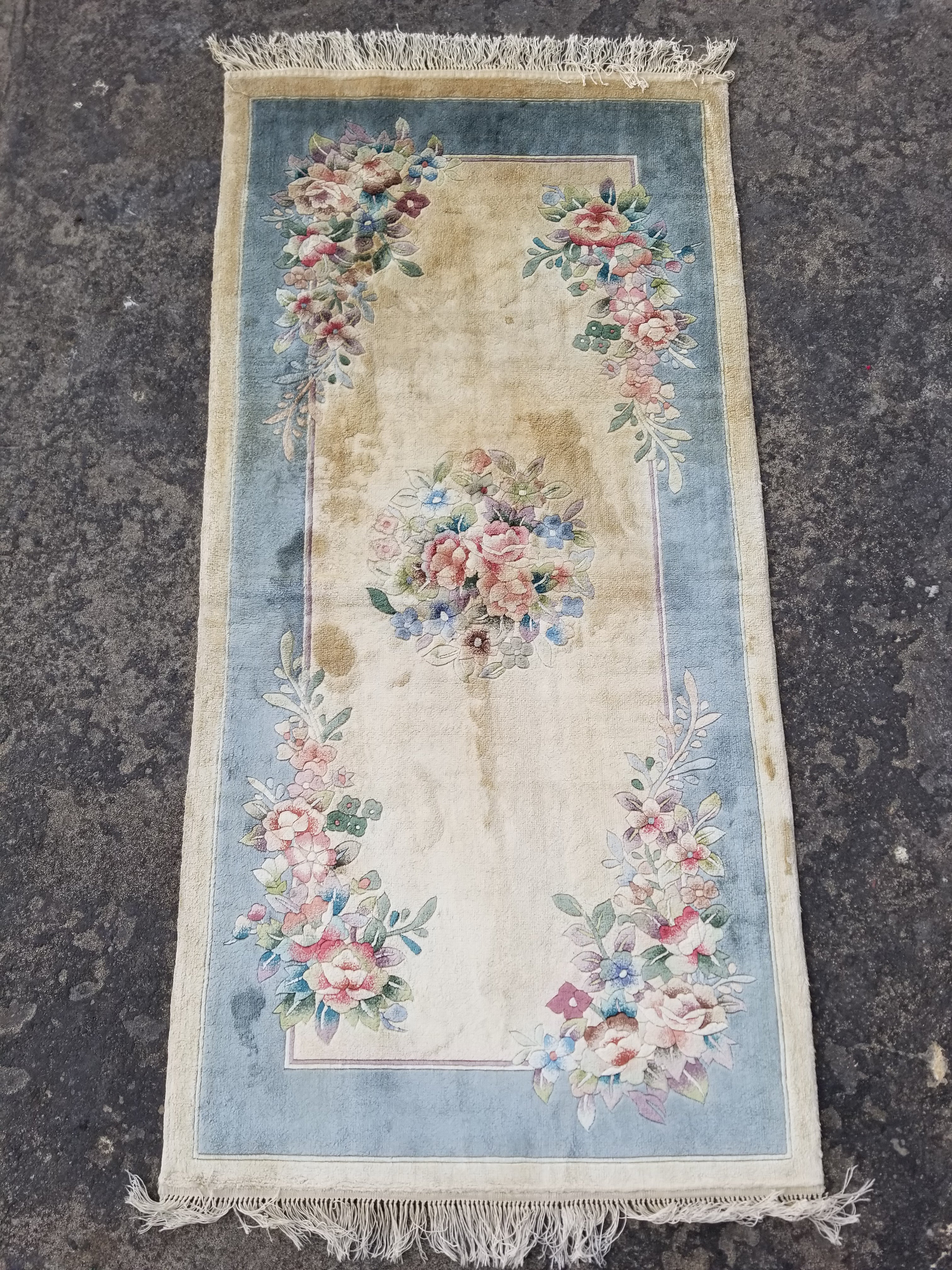 Vintage Chinese Hand Knotted Floral Silk Runner Rug 140x69cm