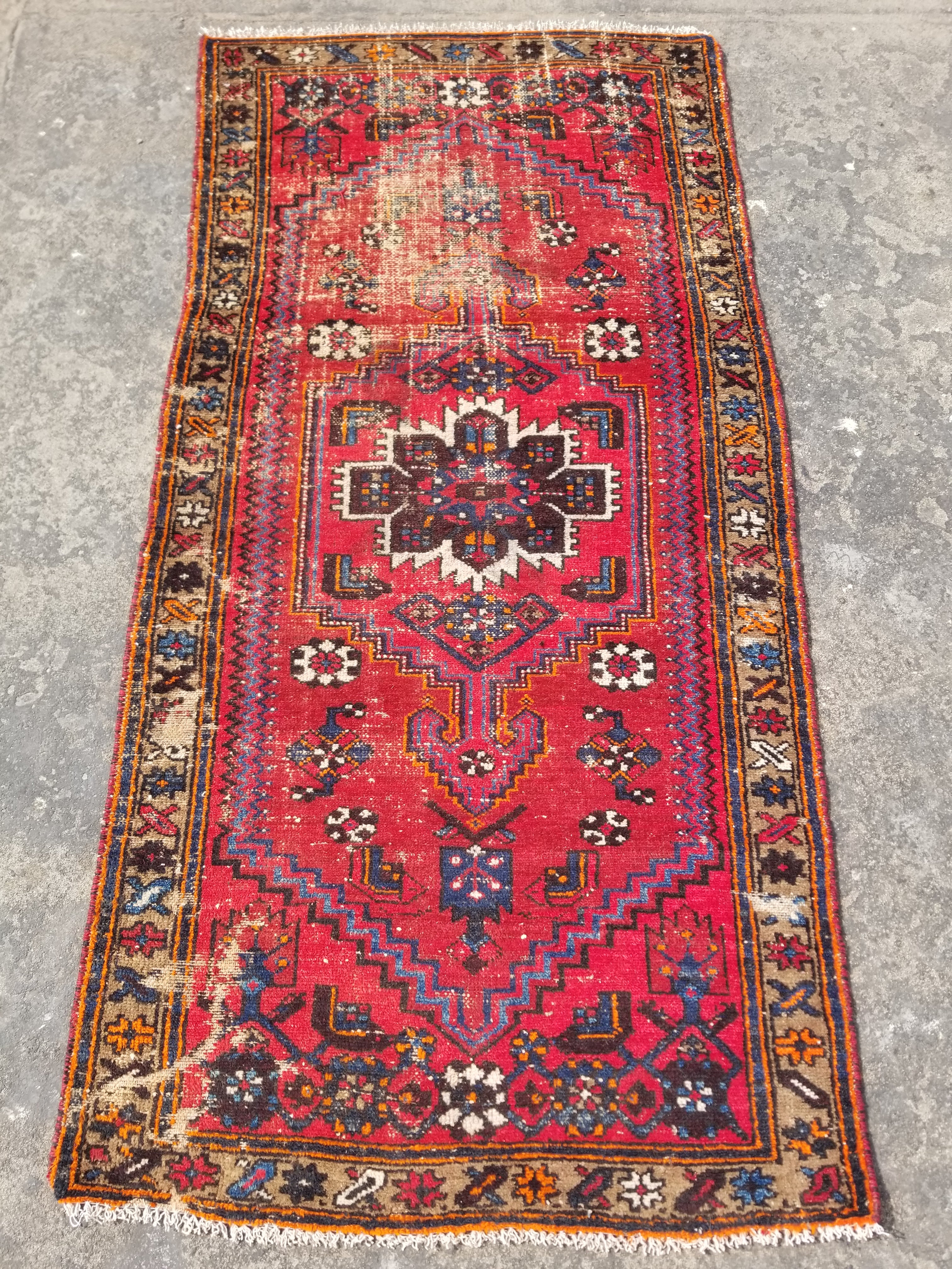 Distressed Vintage Traditional Handmade Heriz Pattern Wool Runner Rug 213x100cm
