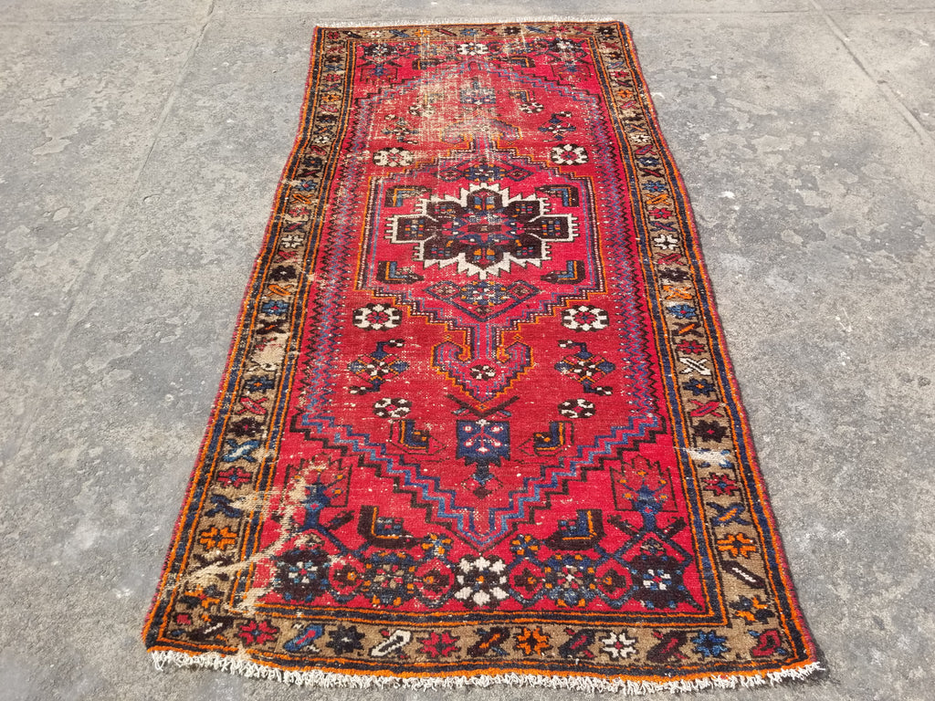 Distressed Vintage Traditional Handmade Heriz Pattern Wool Runner Rug 213x100cm