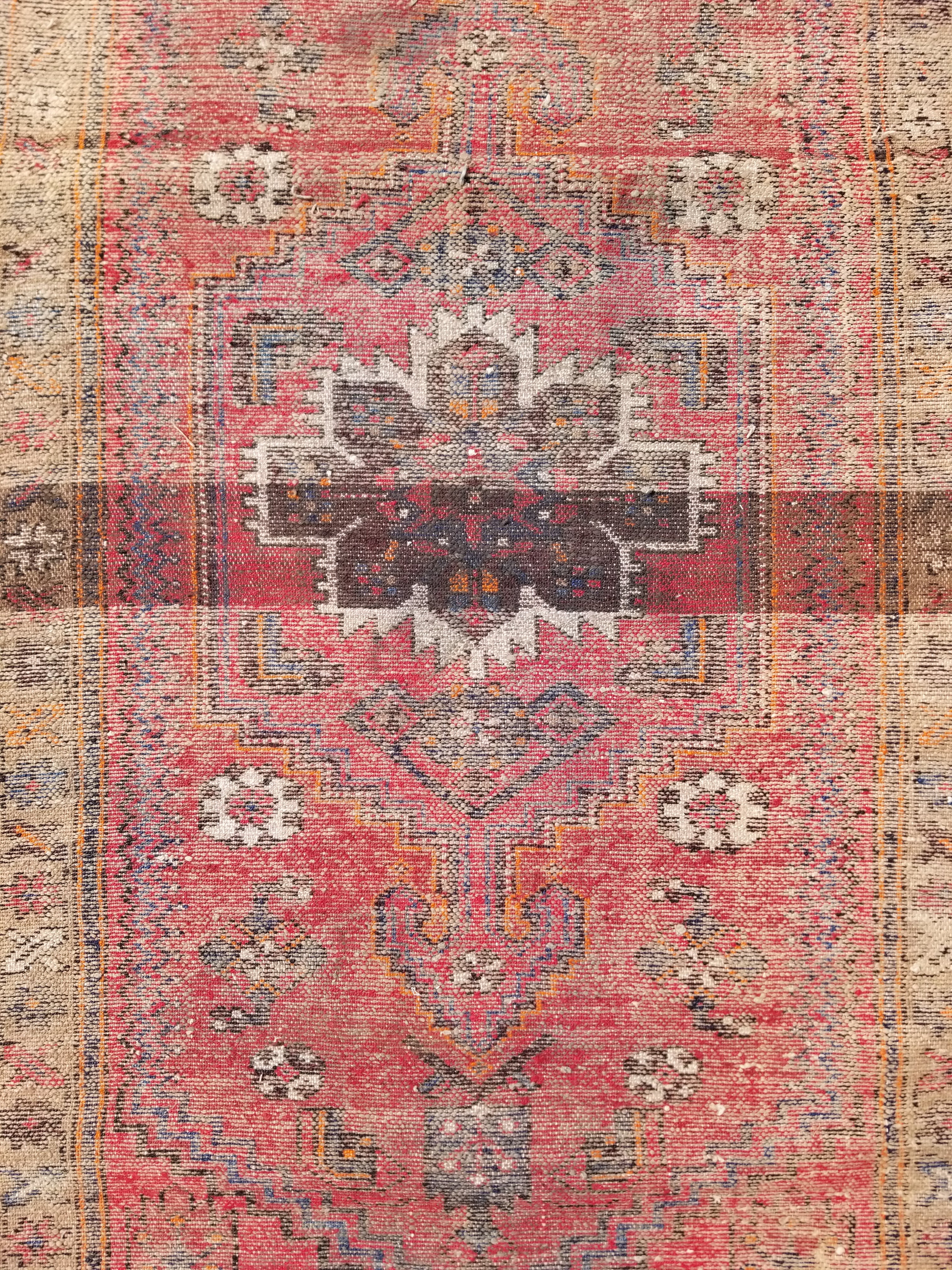 Distressed Vintage Traditional Handmade Heriz Pattern Wool Runner Rug 213x100cm