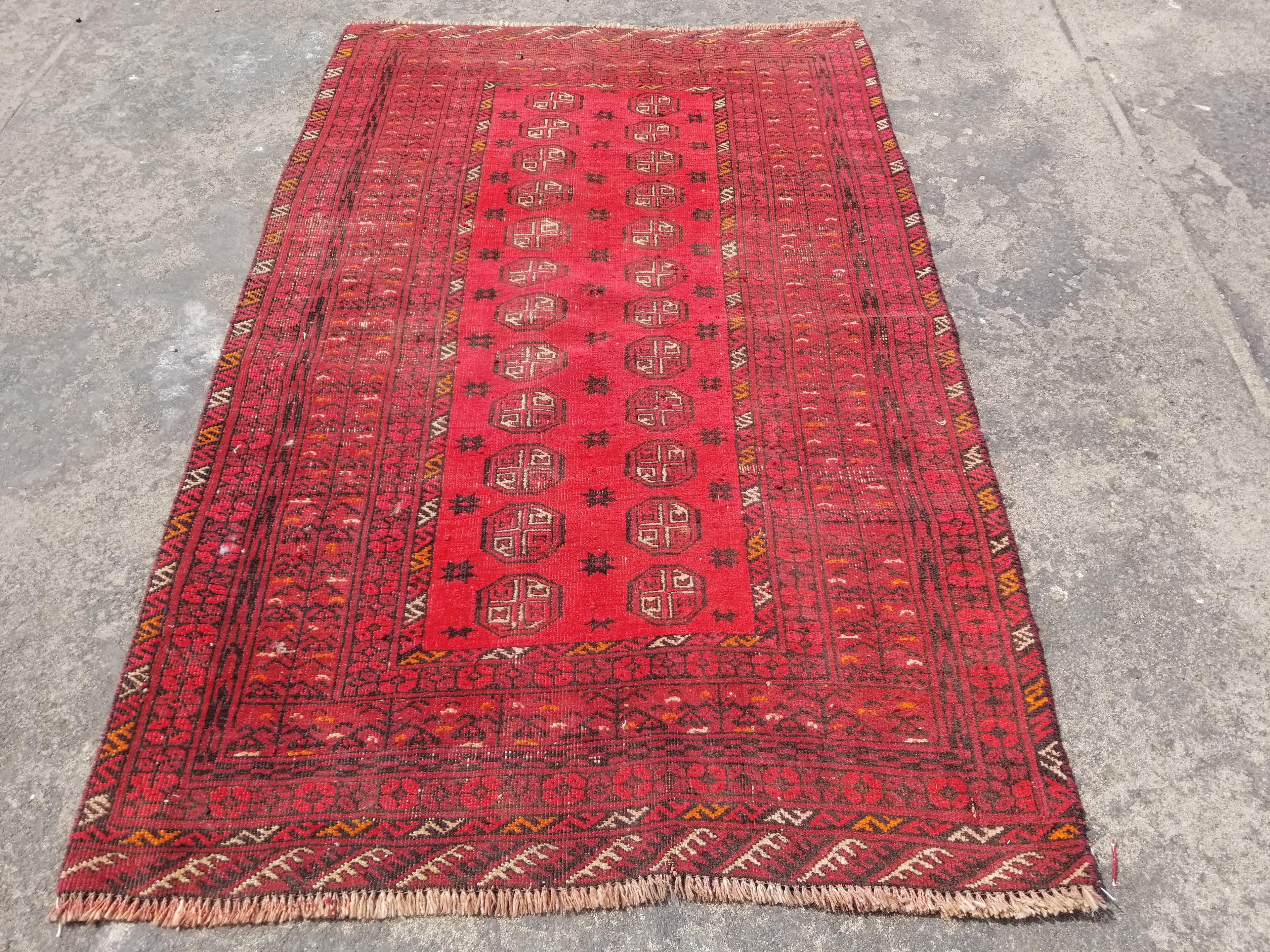 Vintage Traditional Handmade Afghan Turkman Bokhara Design Wool Rug 179x106cm