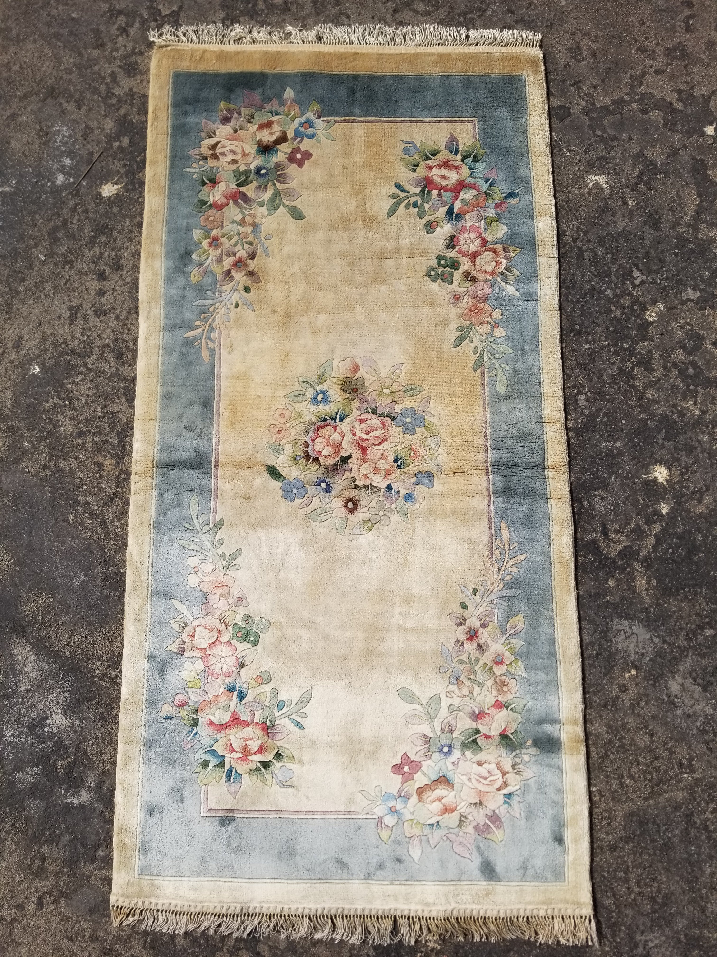 Vintage Chinese Hand Knotted Floral Silk Runner Rug 137x67cm