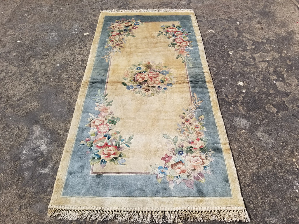 Vintage Chinese Hand Knotted Floral Silk Runner Rug 137x67cm