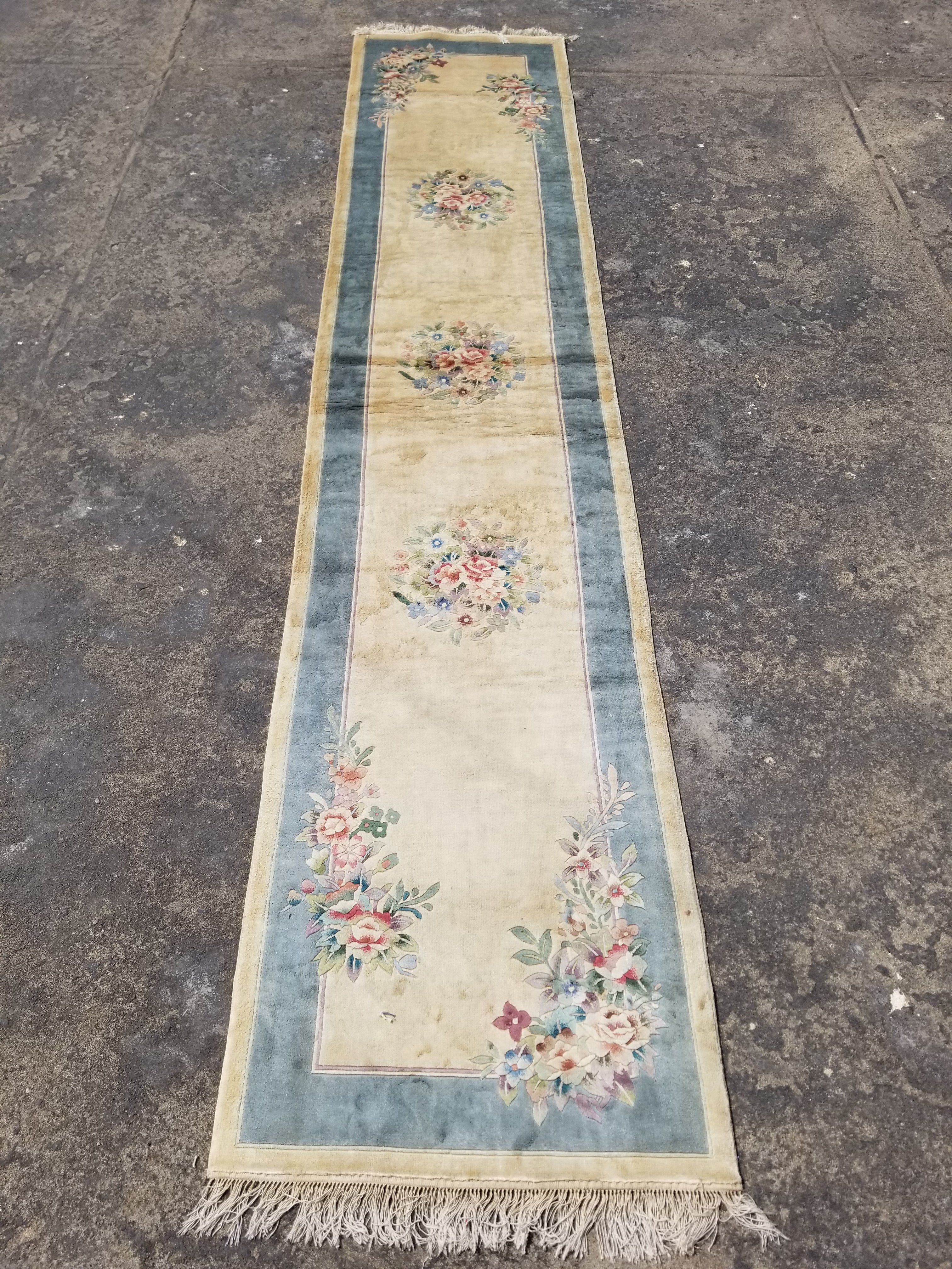 Vintage Chinese Hand Knotted Floral Silk Runner Rug 335x67cm
