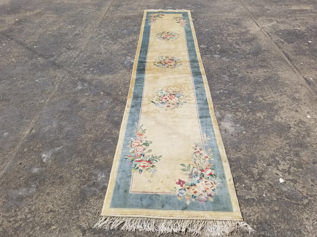Vintage Chinese Hand Knotted Floral Silk Runner Rug 335x67cm