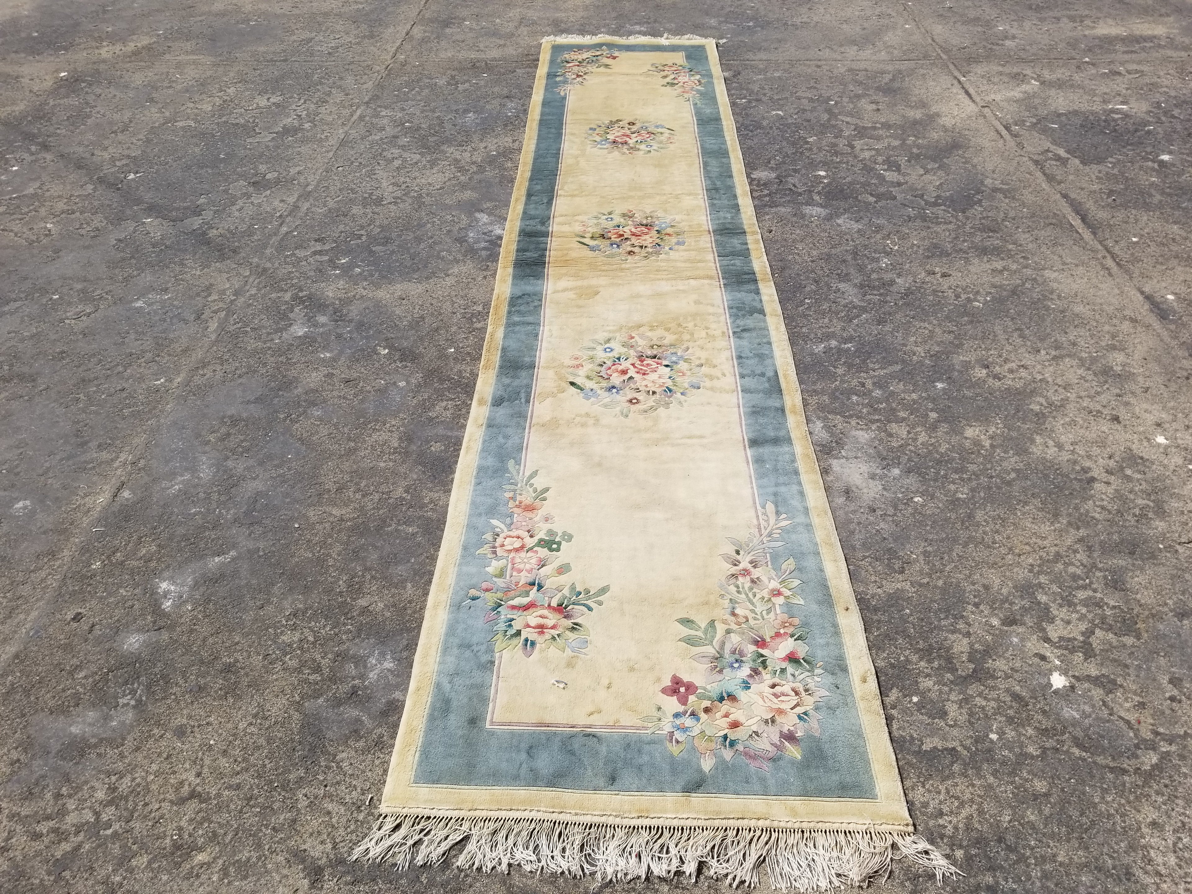 Vintage Chinese Hand Knotted Floral Silk Runner Rug 335x67cm