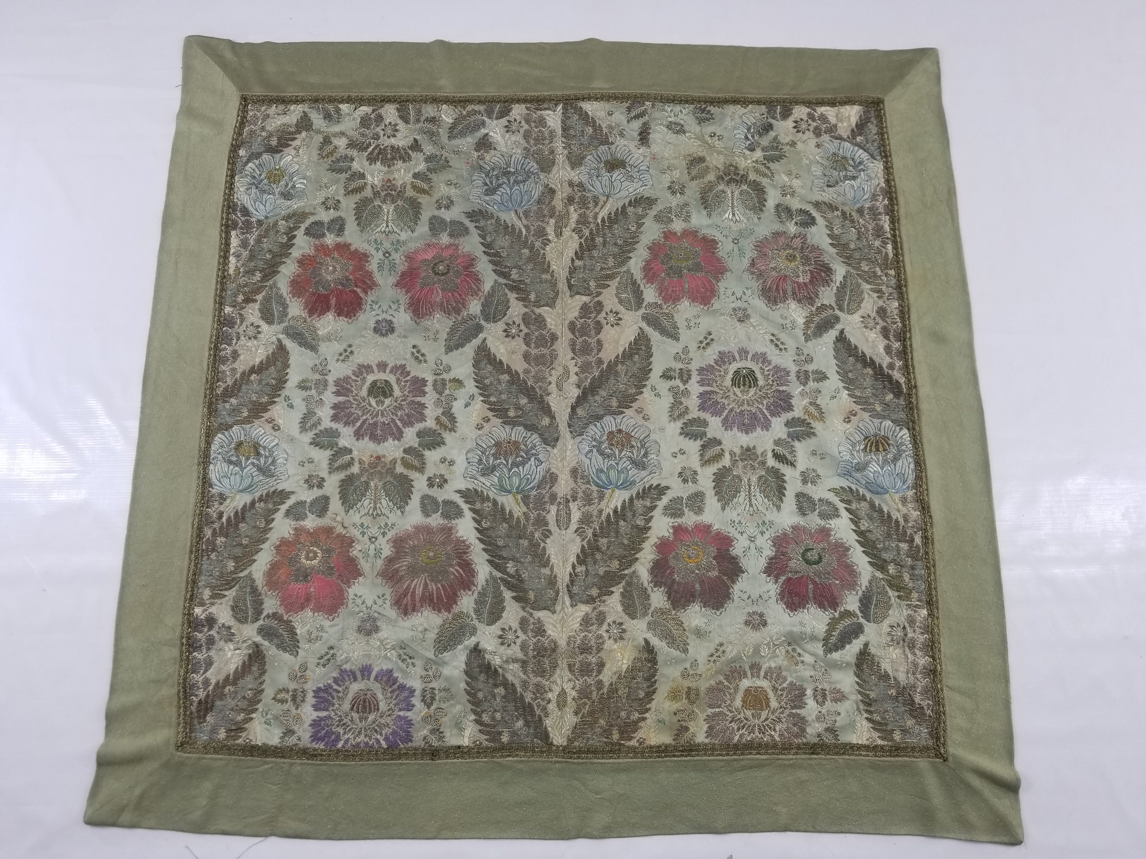 Antique 18thC French Brocade Silver Floral Lampas Fabric 115x112cm