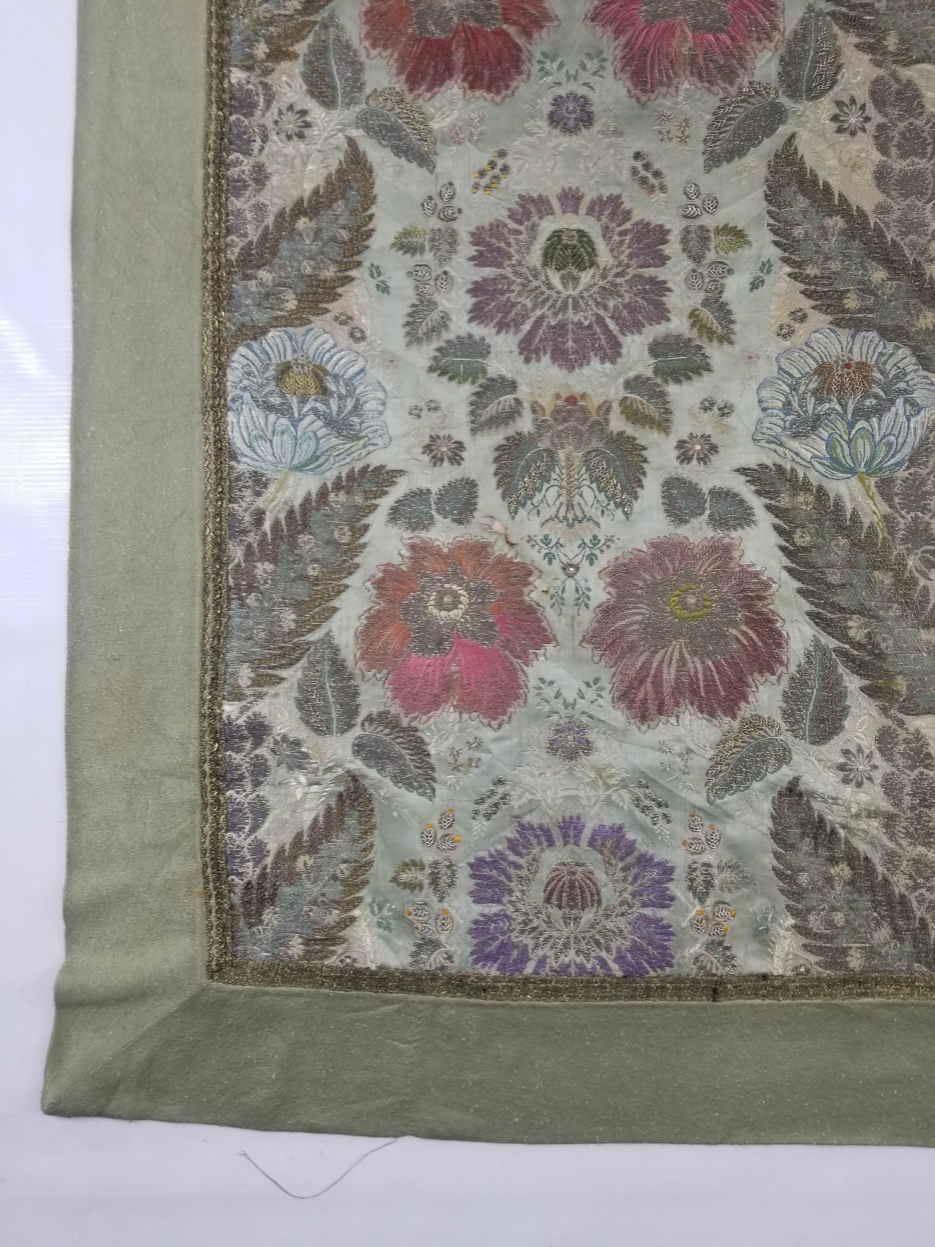 Antique 18thC French Brocade Silver Floral Lampas Fabric 115x112cm