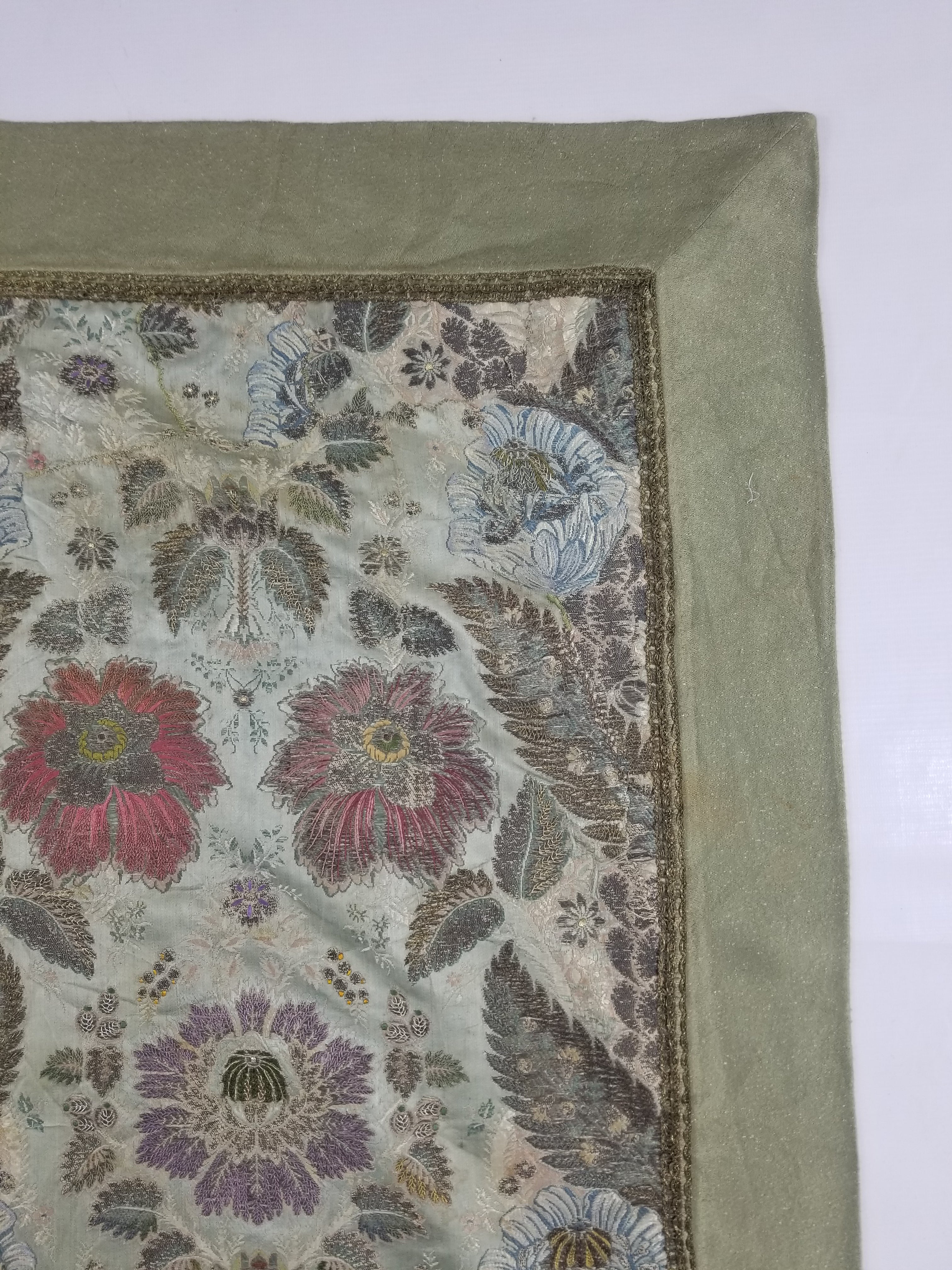 Antique 18thC French Brocade Silver Floral Lampas Fabric 115x112cm