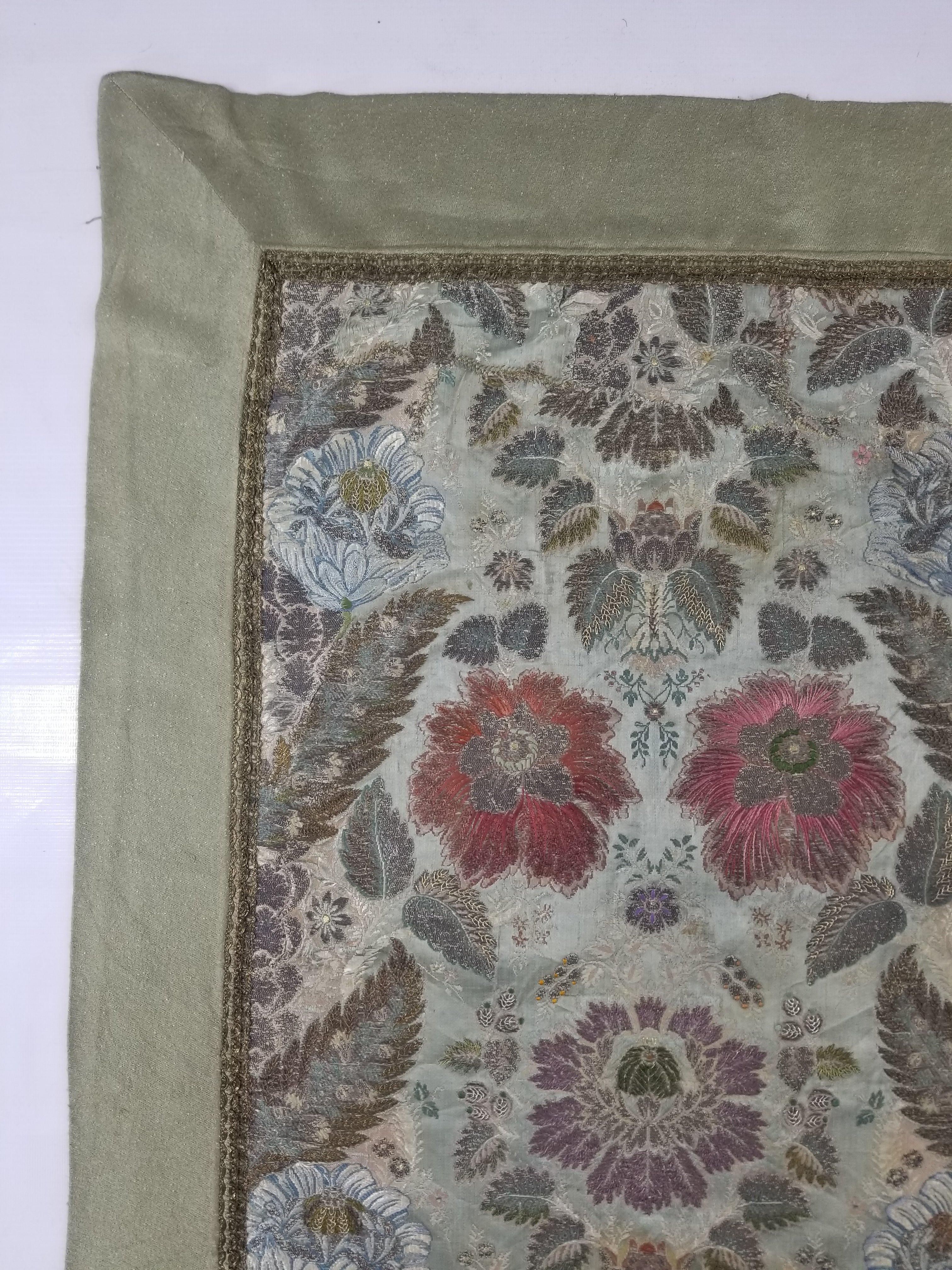 Antique 18thC French Brocade Silver Floral Lampas Fabric 115x112cm