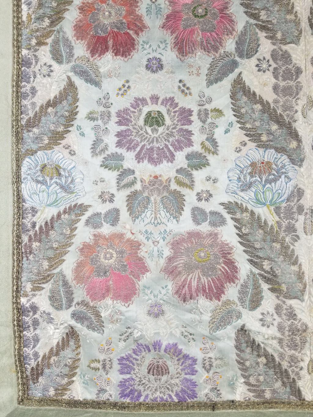 Antique 18thC French Brocade Silver Floral Lampas Fabric 115x112cm