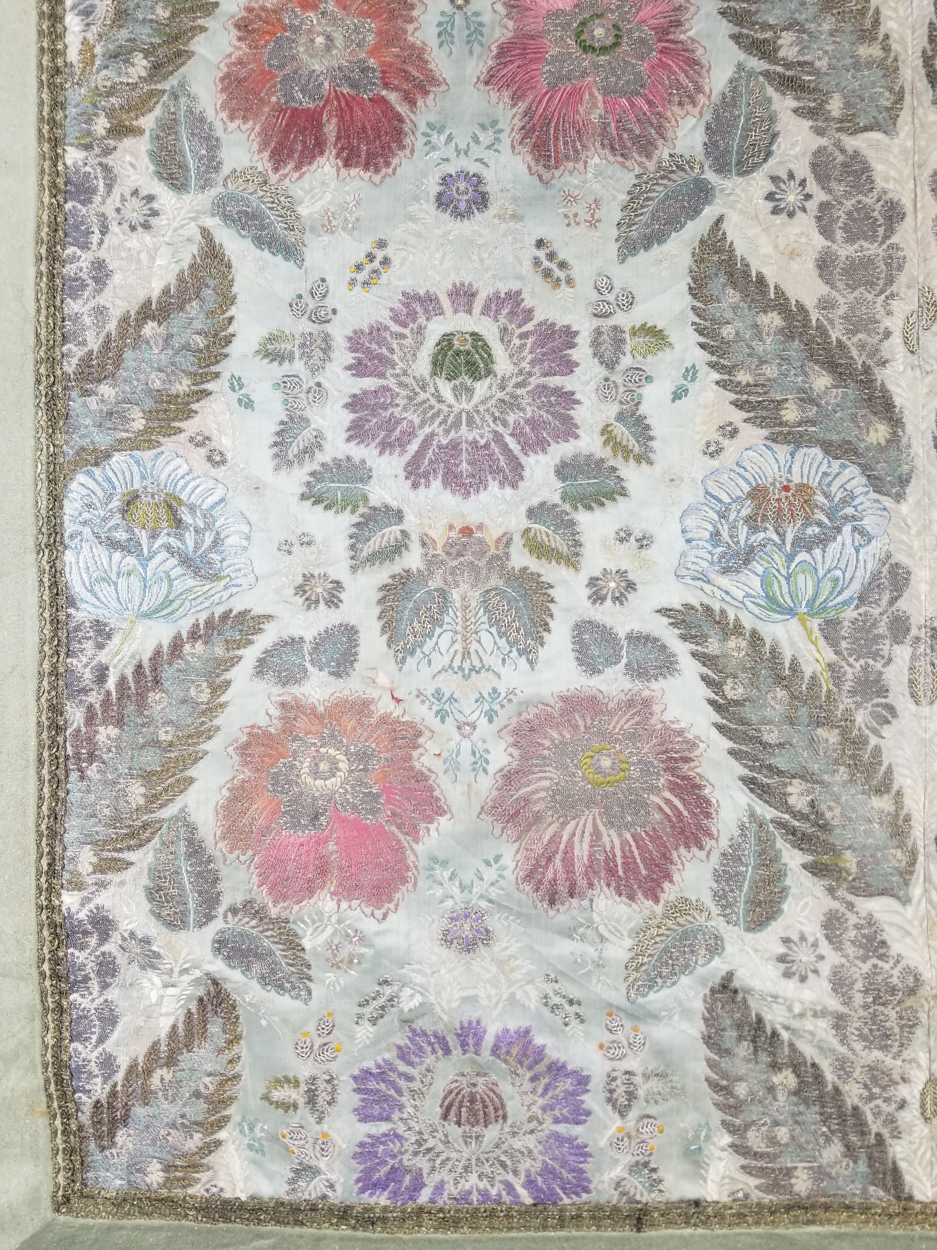 Antique 18thC French Brocade Silver Floral Lampas Fabric 115x112cm