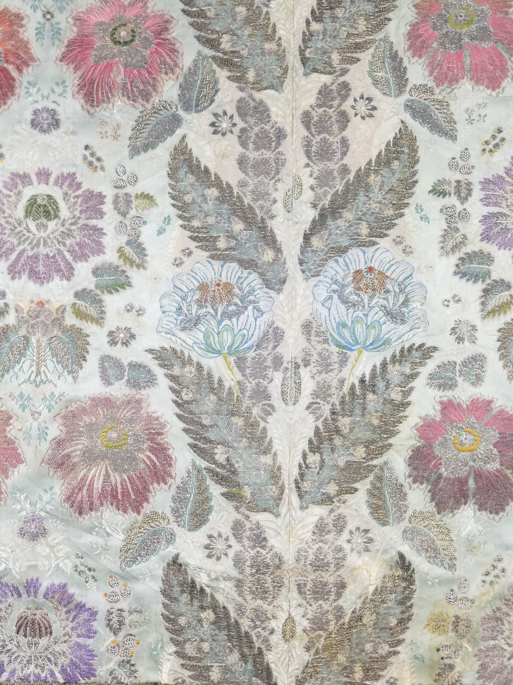 Antique 18thC French Brocade Silver Floral Lampas Fabric 115x112cm