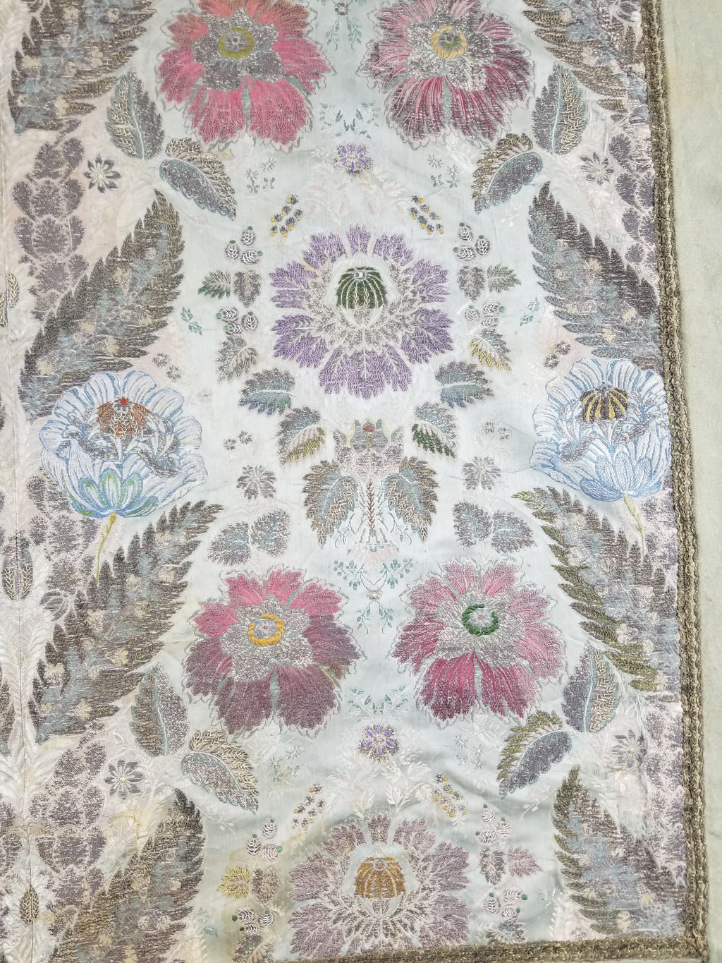 Antique 18thC French Brocade Silver Floral Lampas Fabric 115x112cm