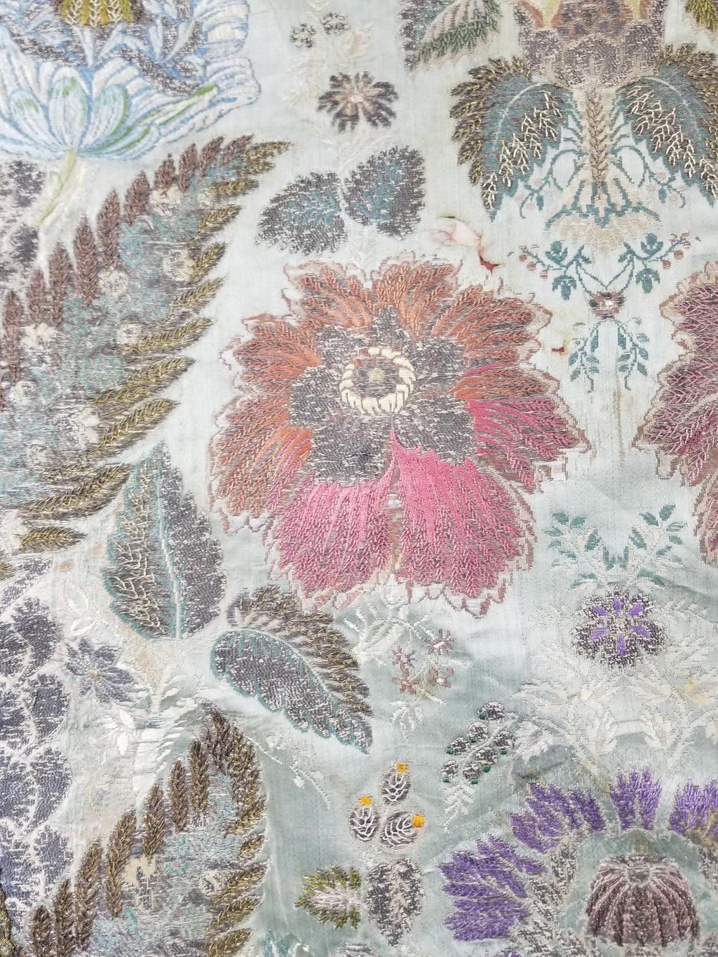 Antique 18thC French Brocade Silver Floral Lampas Fabric 115x112cm