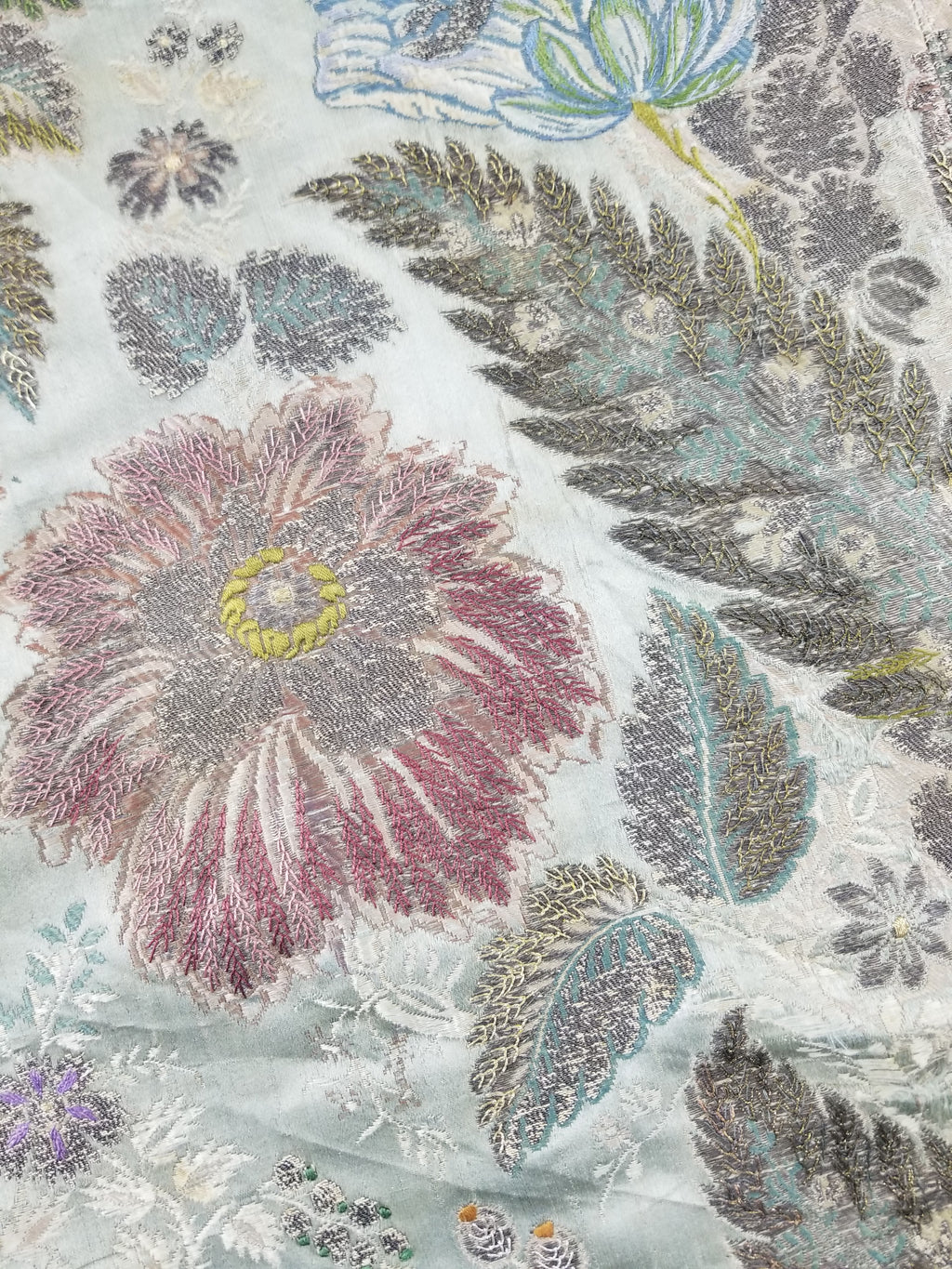 Antique 18thC French Brocade Silver Floral Lampas Fabric 115x112cm