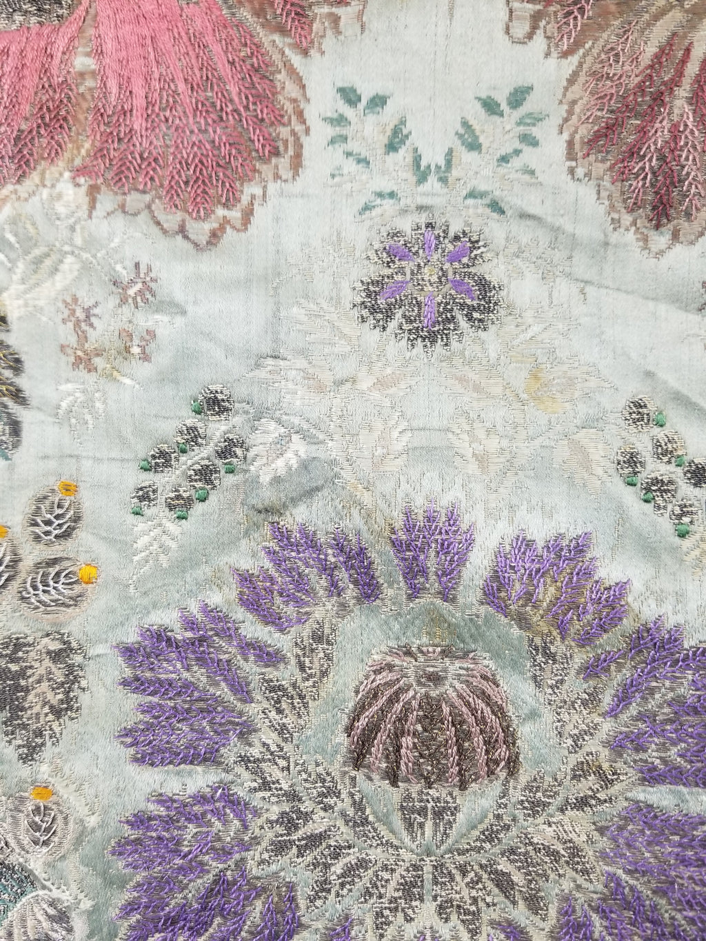 Antique 18thC French Brocade Silver Floral Lampas Fabric 115x112cm