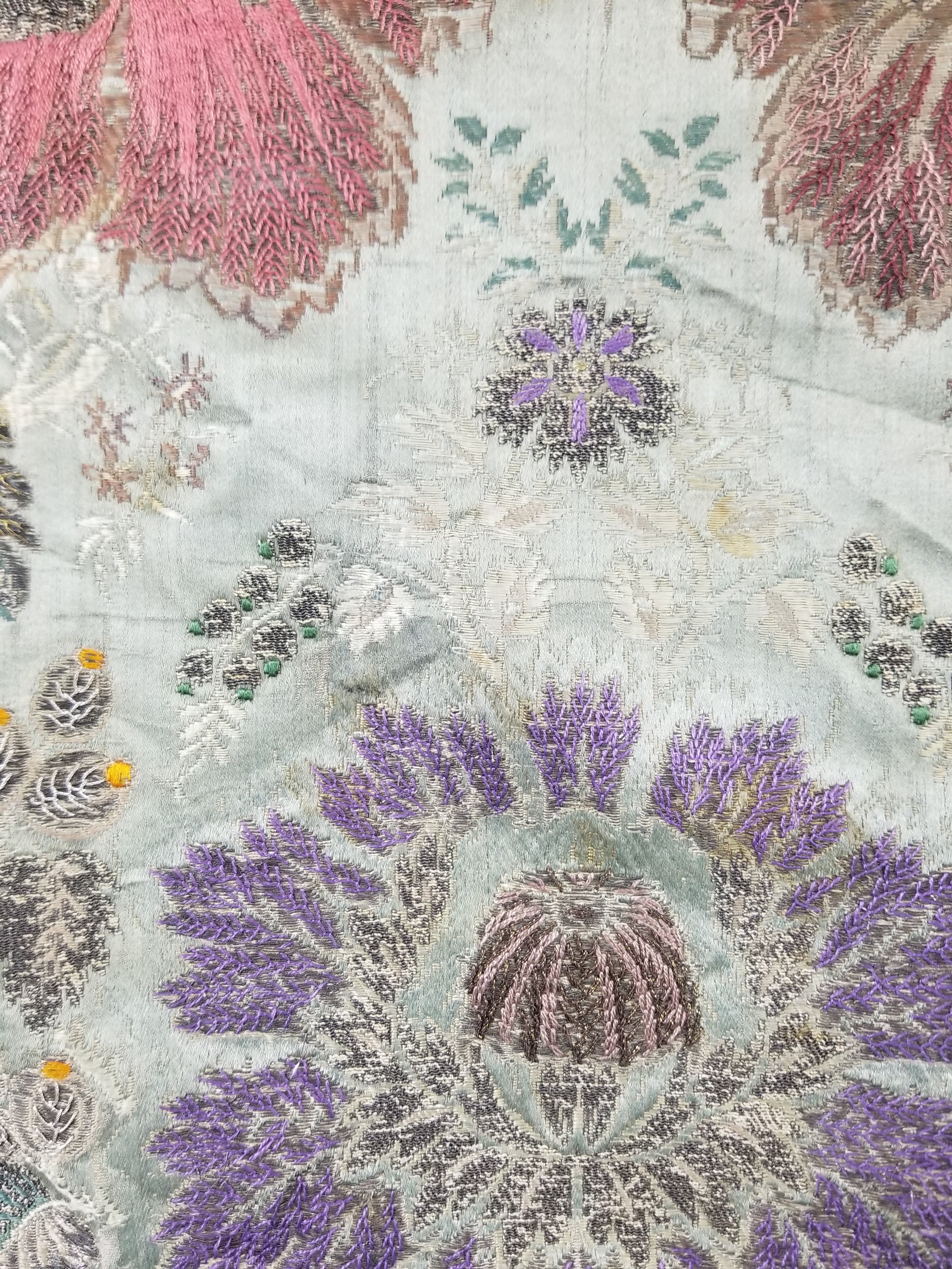 Antique 18thC French Brocade Silver Floral Lampas Fabric 115x112cm