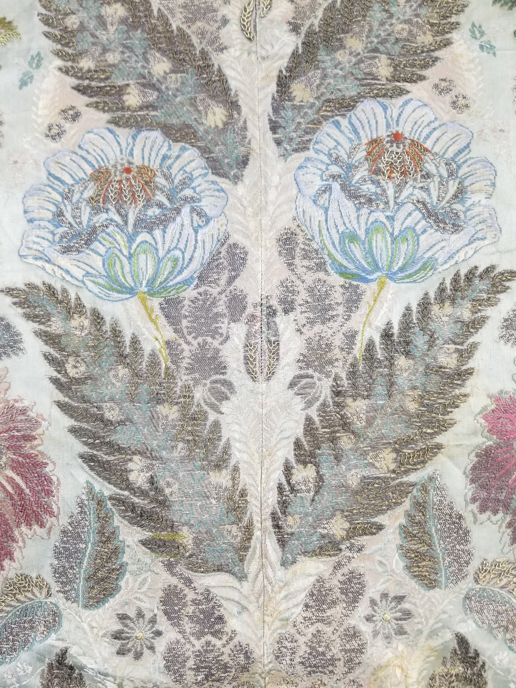 Antique 18thC French Brocade Silver Floral Lampas Fabric 115x112cm