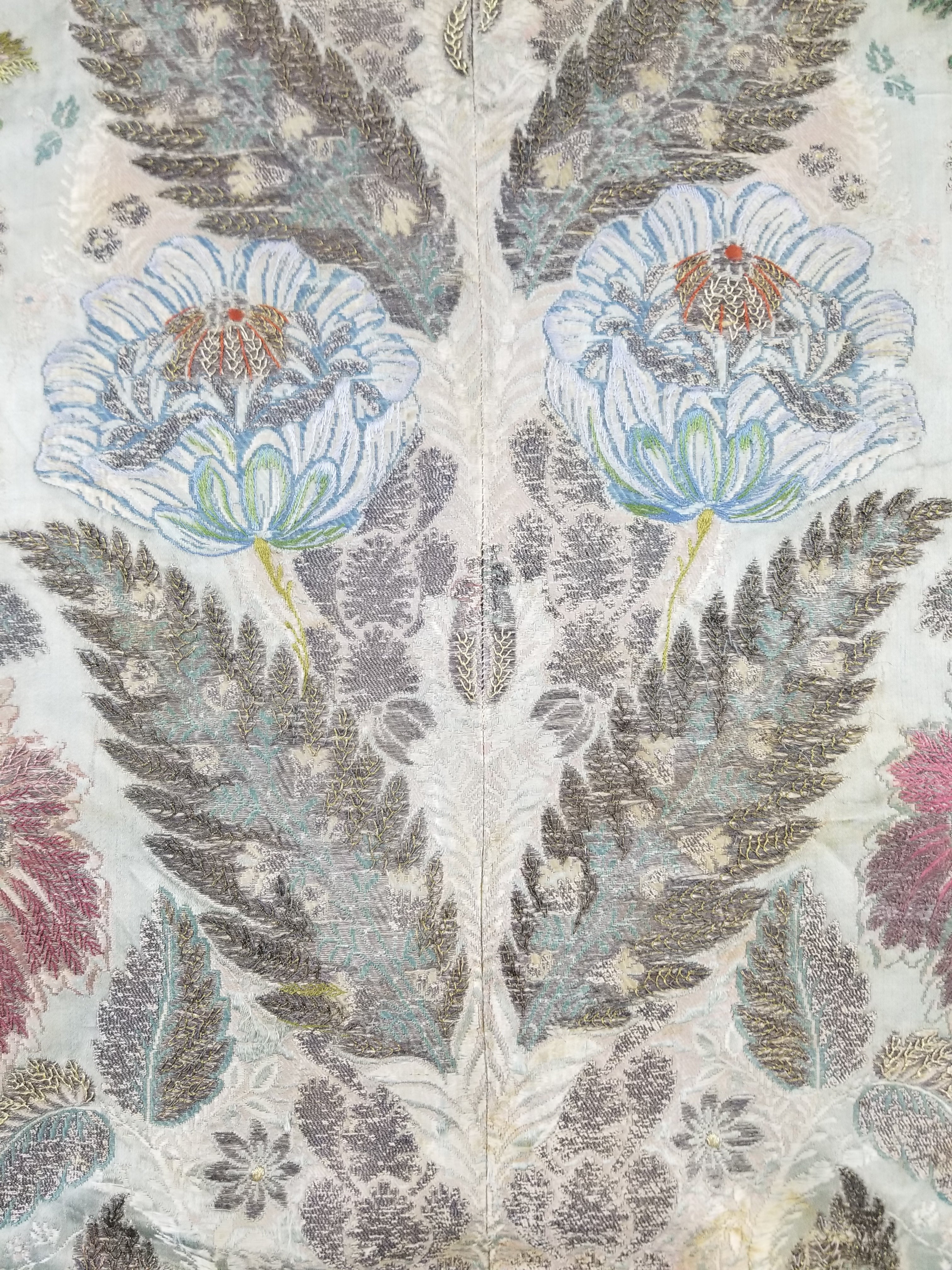 Antique 18thC French Brocade Silver Floral Lampas Fabric 115x112cm