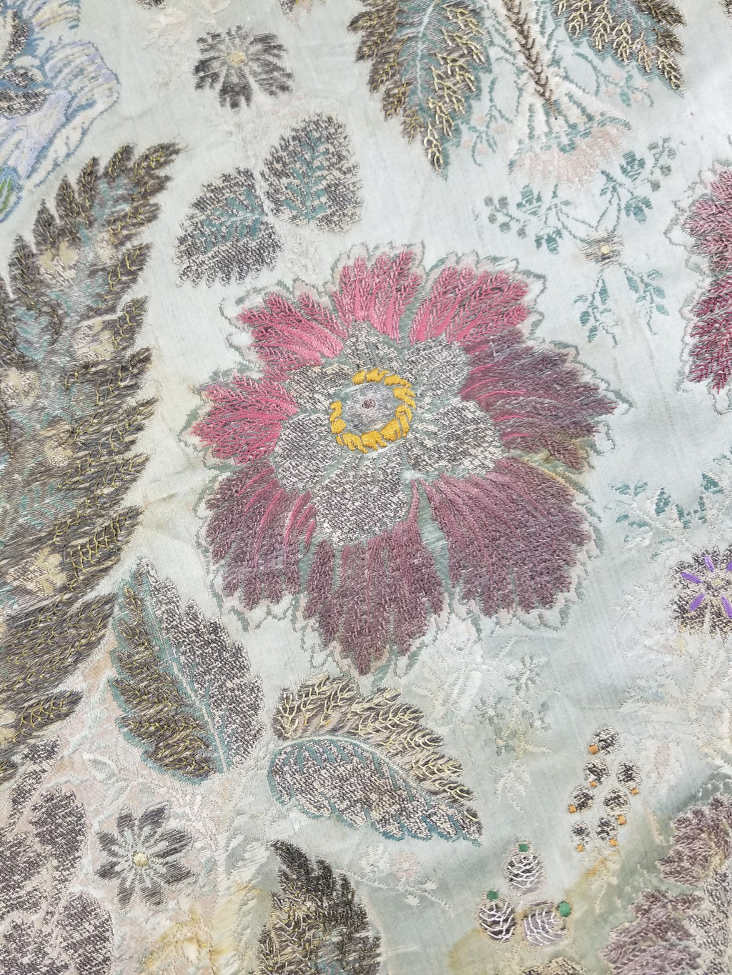 Antique 18thC French Brocade Silver Floral Lampas Fabric 115x112cm