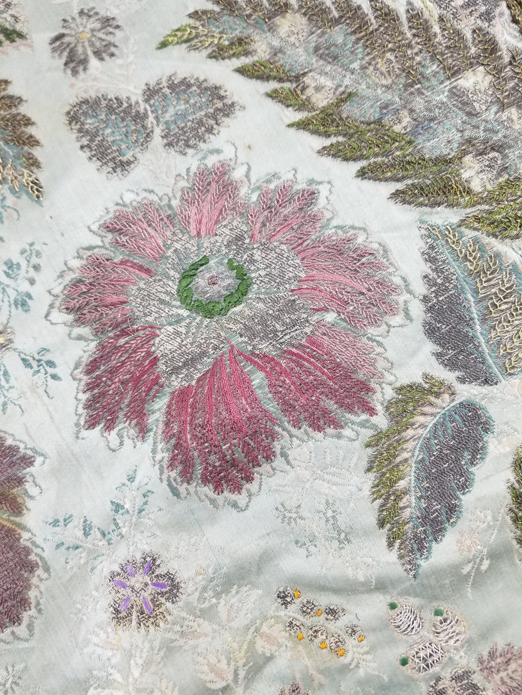 Antique 18thC French Brocade Silver Floral Lampas Fabric 115x112cm