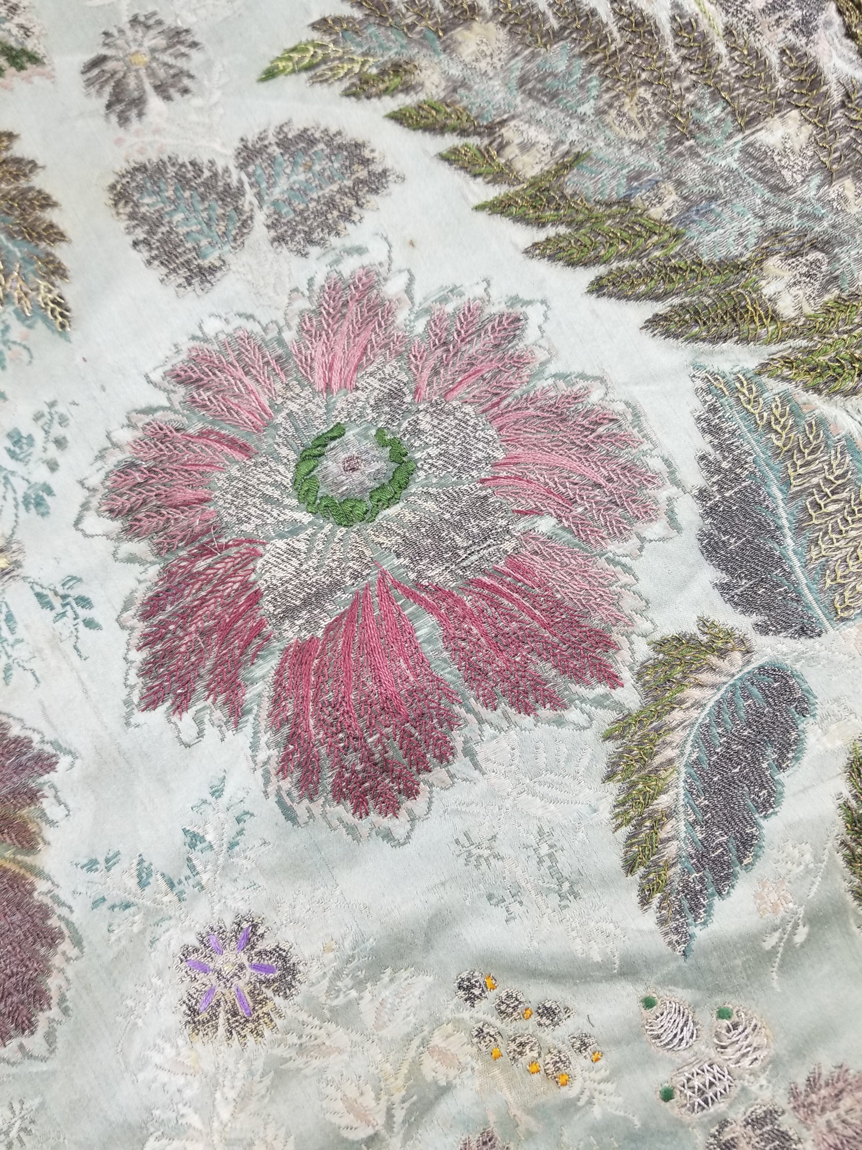 Antique 18thC French Brocade Silver Floral Lampas Fabric 115x112cm