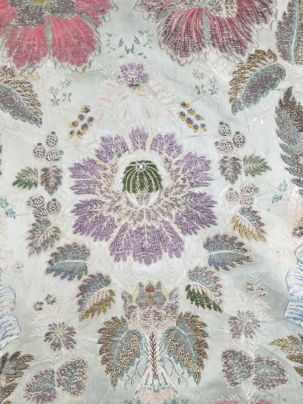 Antique 18thC French Brocade Silver Floral Lampas Fabric 115x112cm