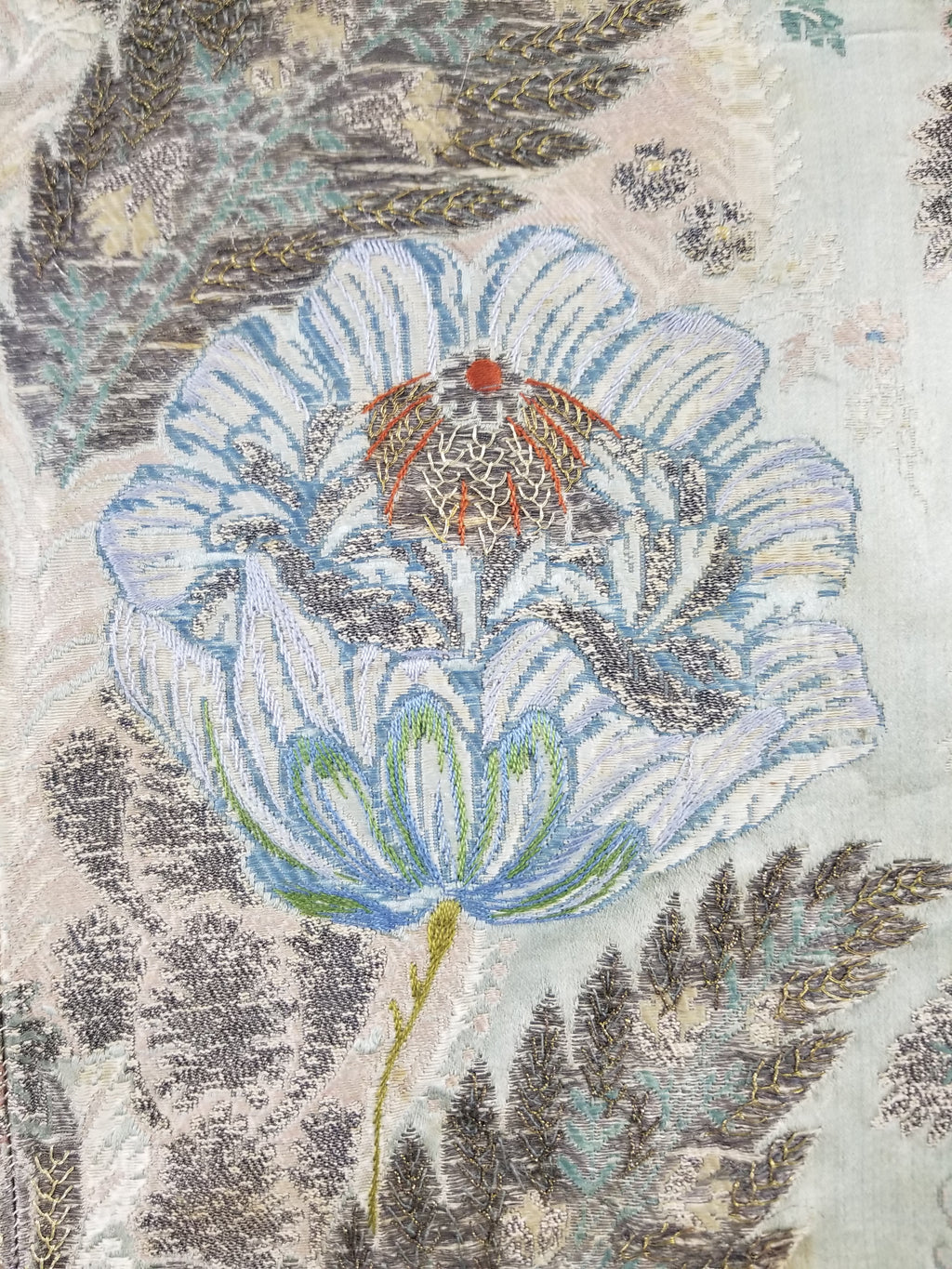 Antique 18thC French Brocade Silver Floral Lampas Fabric 115x112cm