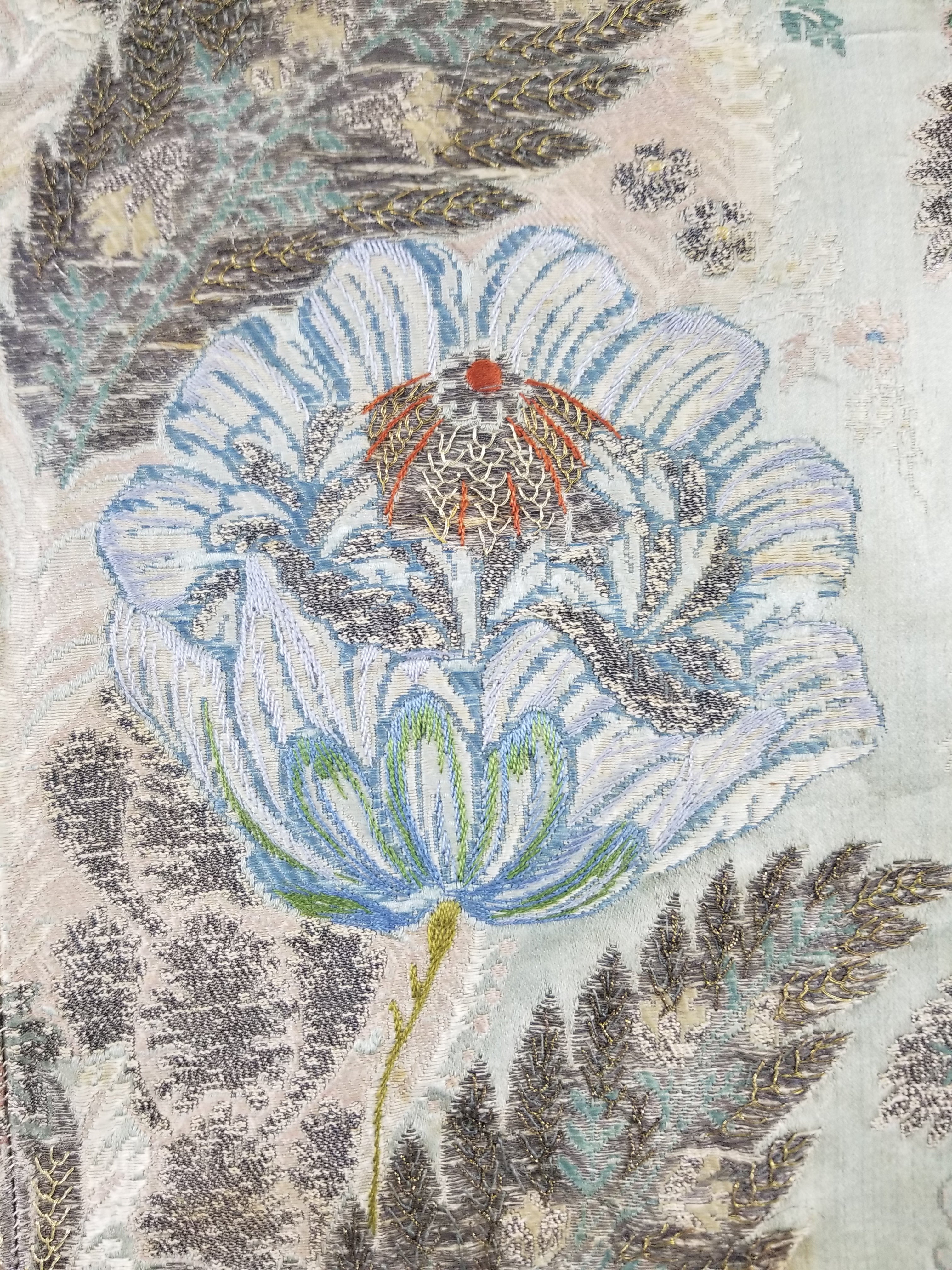 Antique 18thC French Brocade Silver Floral Lampas Fabric 115x112cm