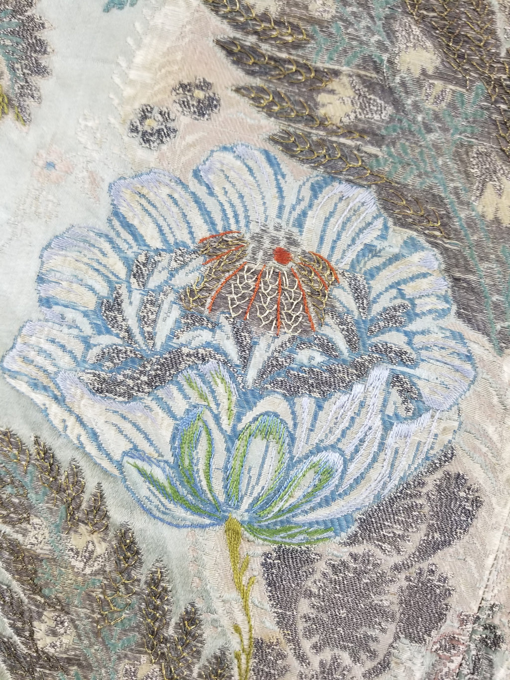 Antique 18thC French Brocade Silver Floral Lampas Fabric 115x112cm