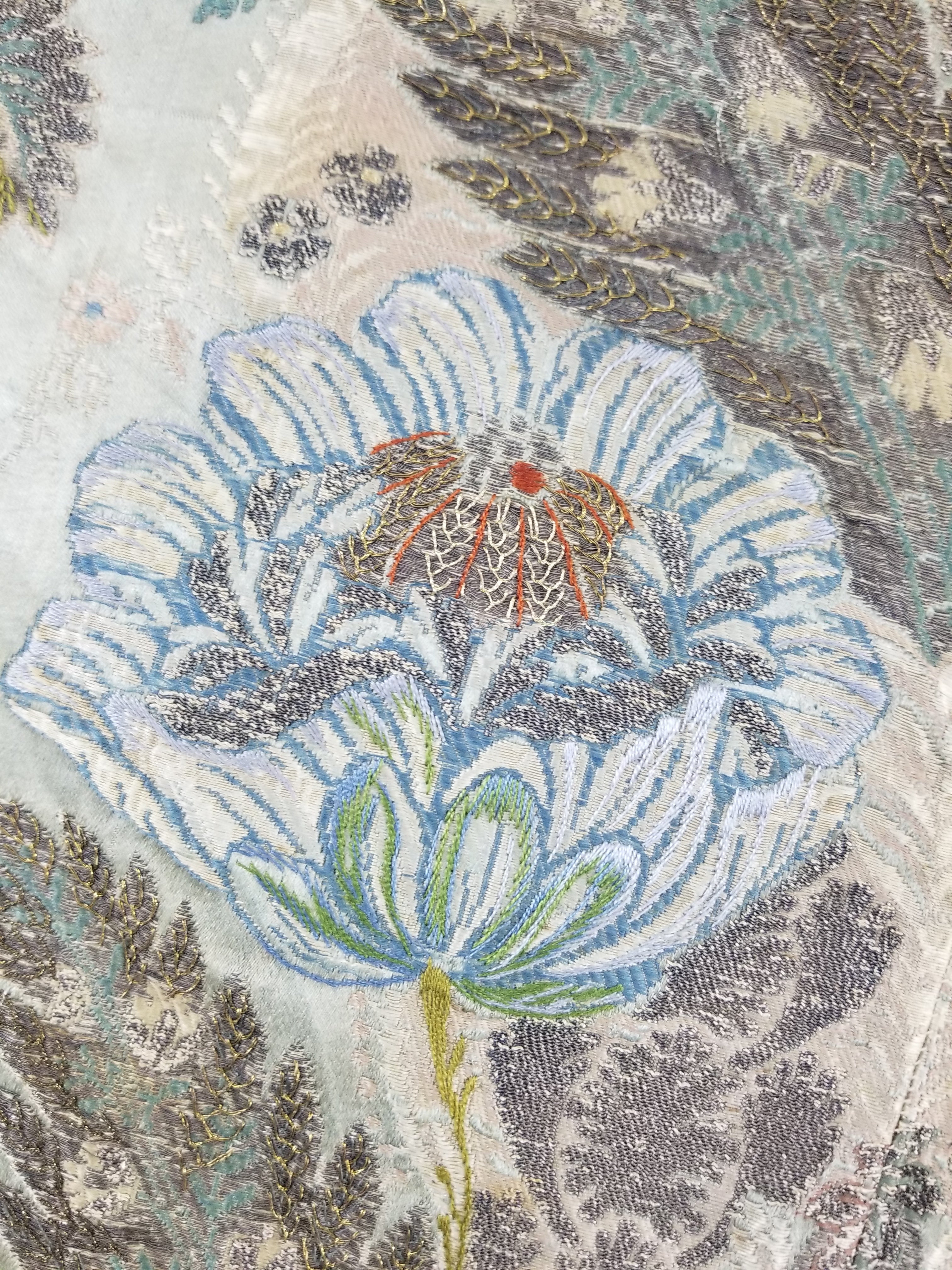 Antique 18thC French Brocade Silver Floral Lampas Fabric 115x112cm