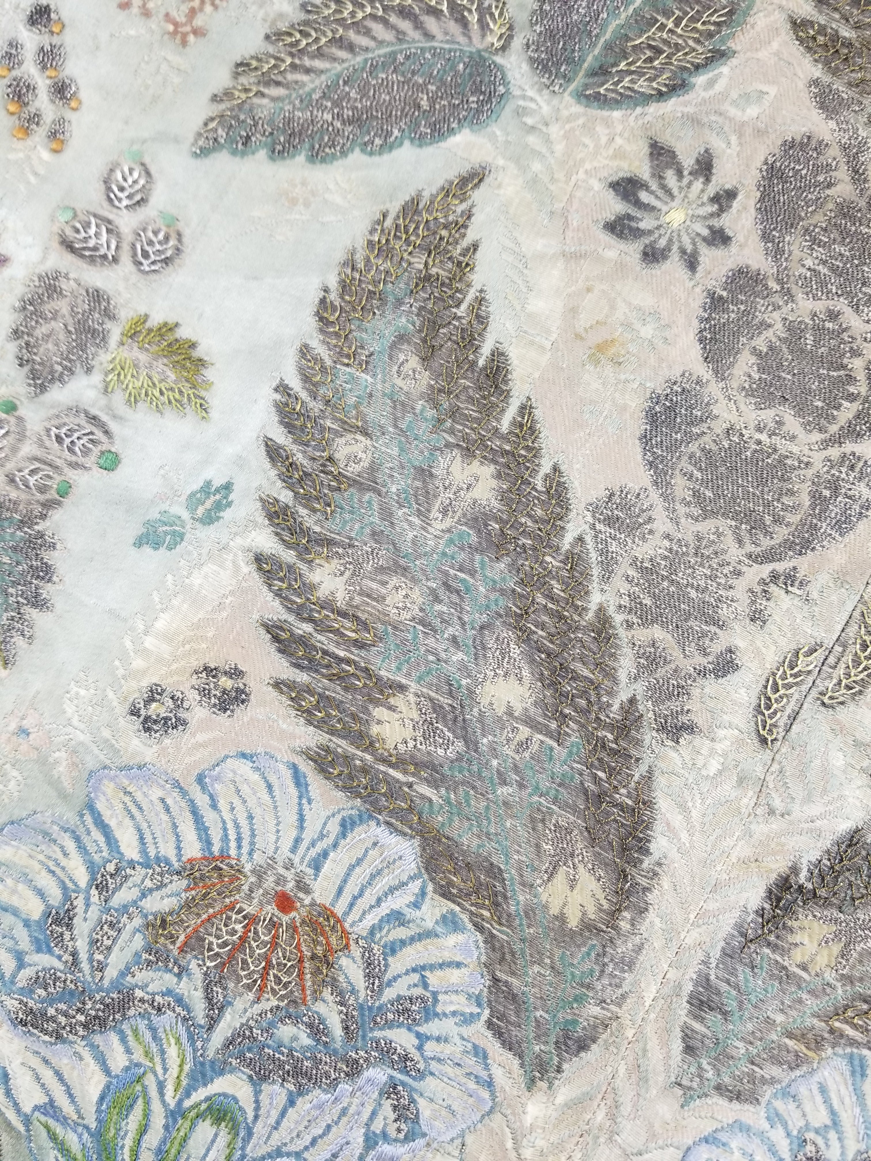 Antique 18thC French Brocade Silver Floral Lampas Fabric 115x112cm