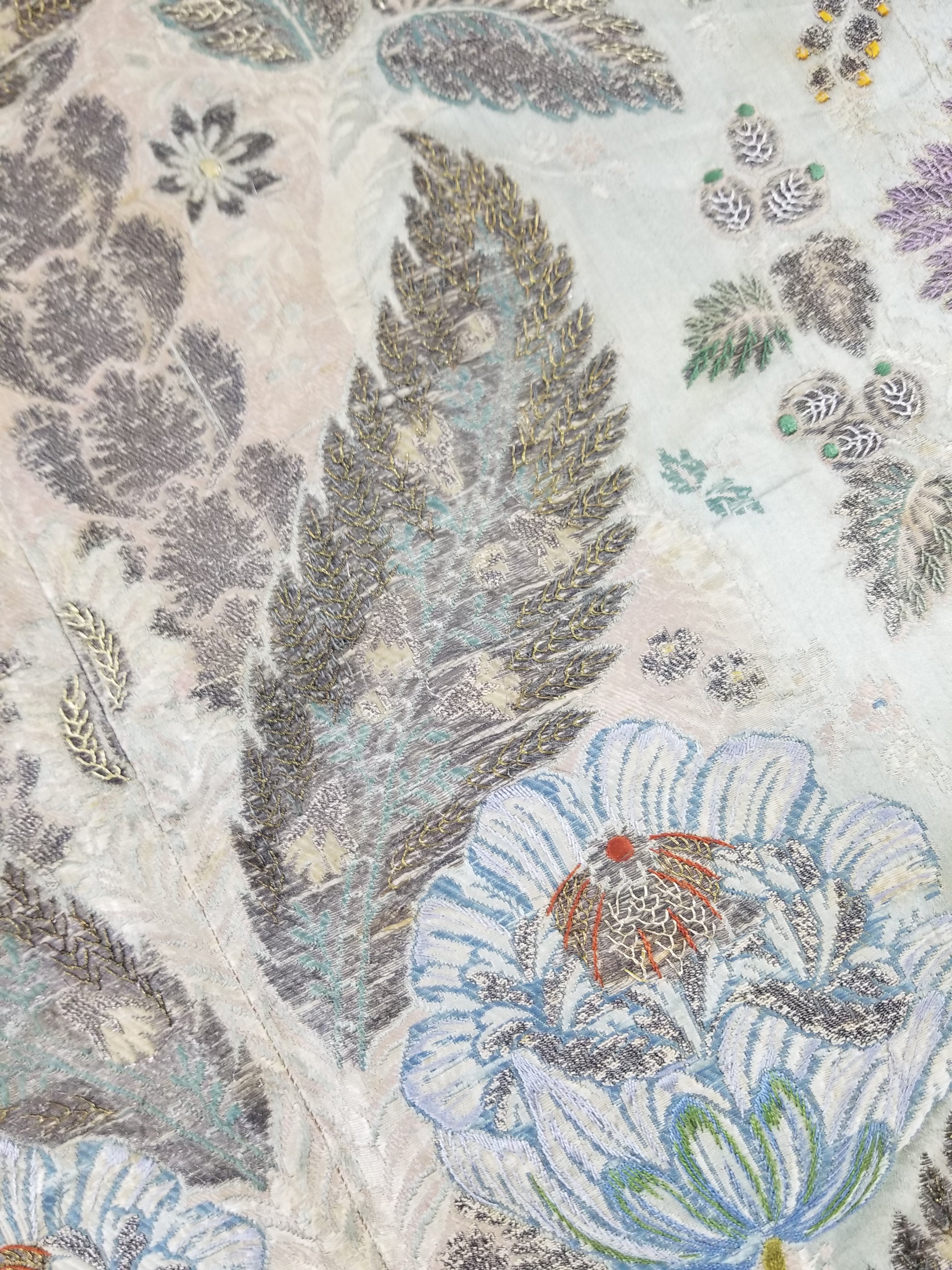 Antique 18thC French Brocade Silver Floral Lampas Fabric 115x112cm