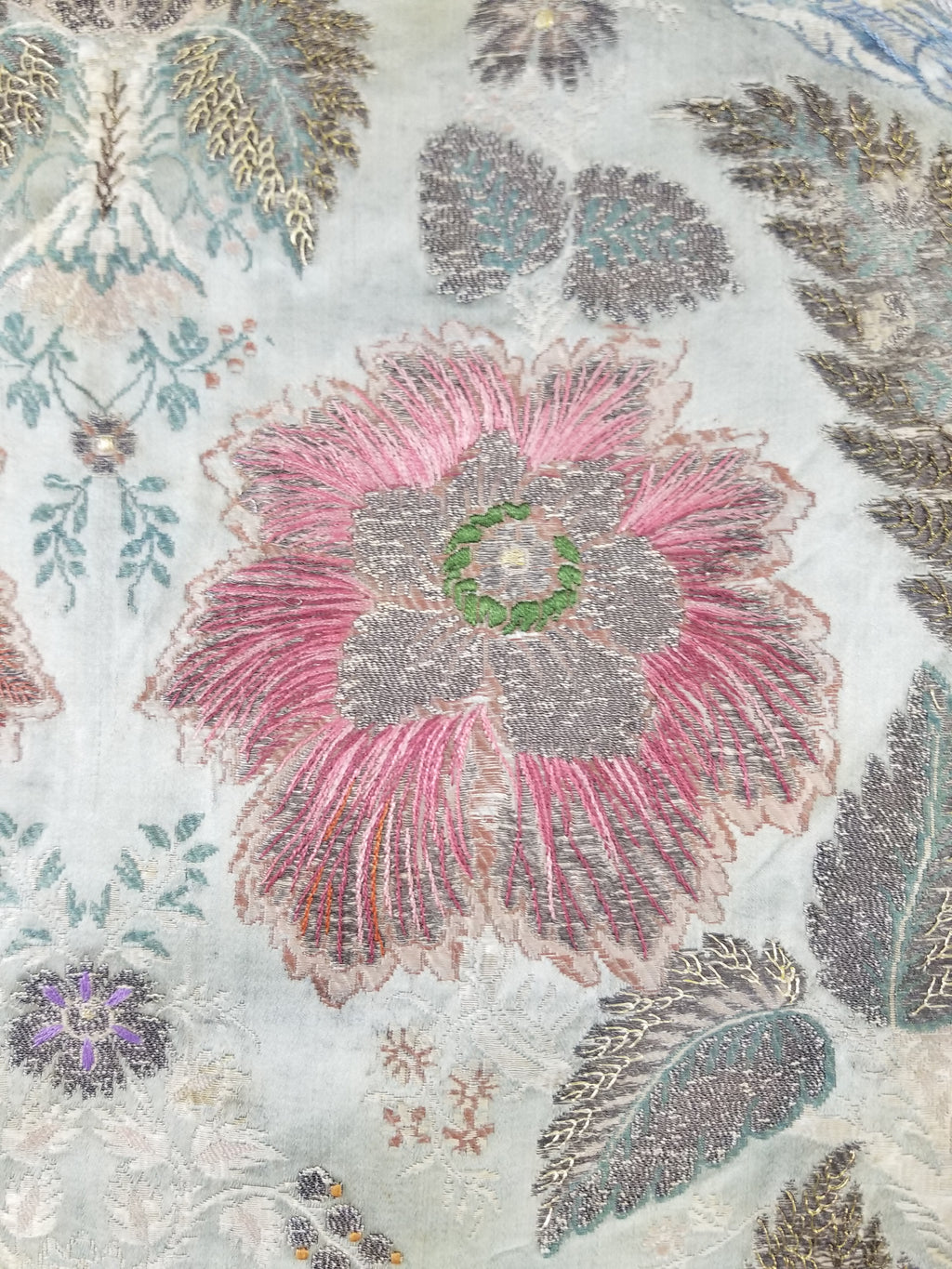 Antique 18thC French Brocade Silver Floral Lampas Fabric 115x112cm