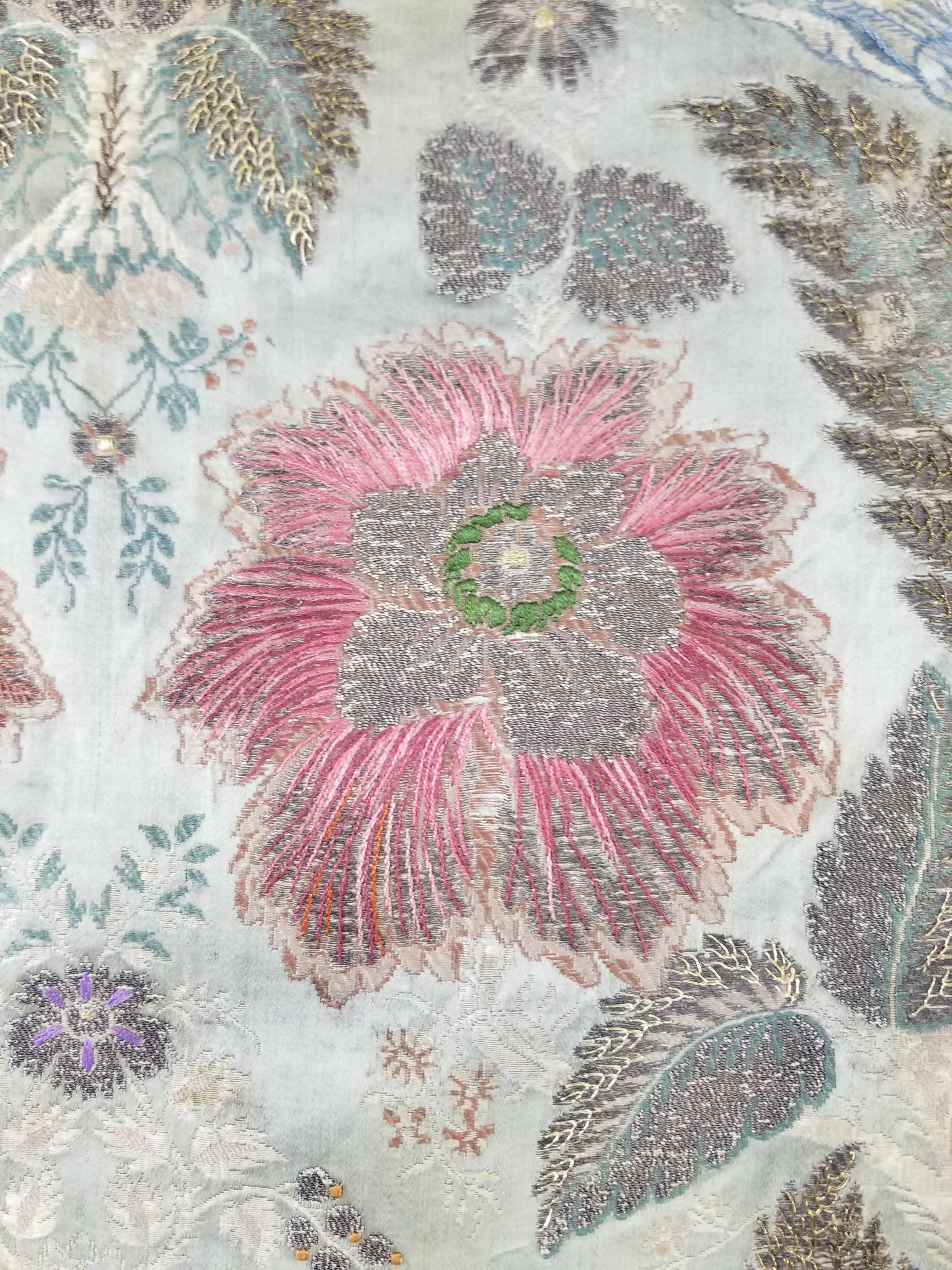 Antique 18thC French Brocade Silver Floral Lampas Fabric 115x112cm