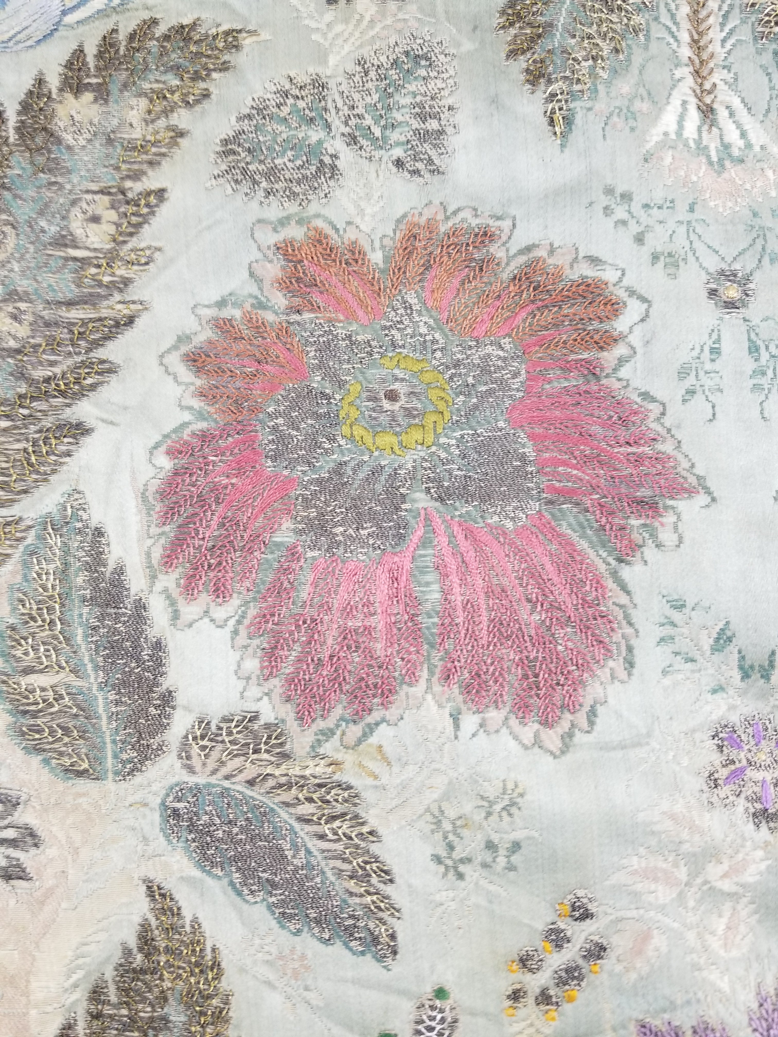 Antique 18thC French Brocade Silver Floral Lampas Fabric 115x112cm