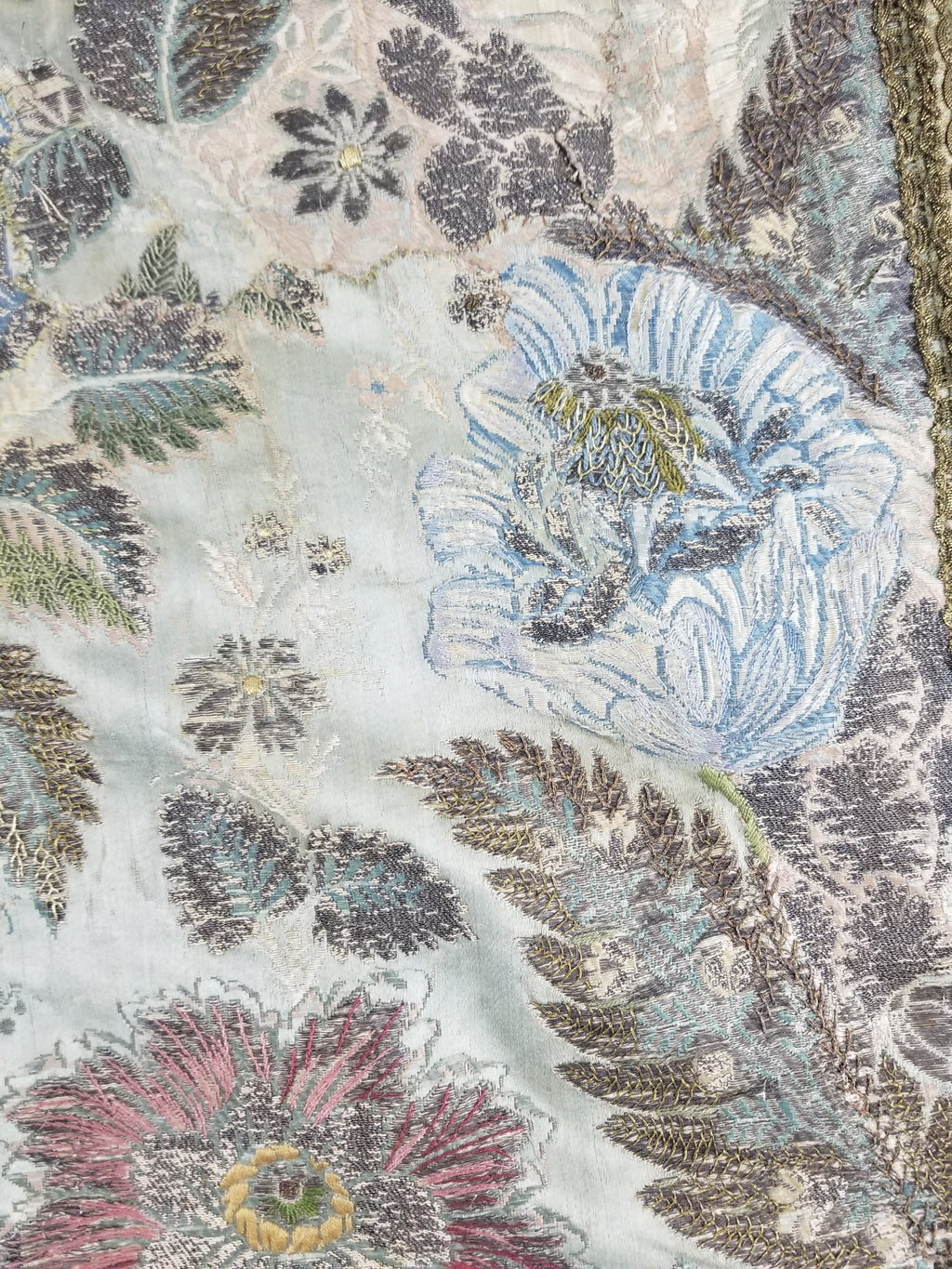 Antique 18thC French Brocade Silver Floral Lampas Fabric 115x112cm